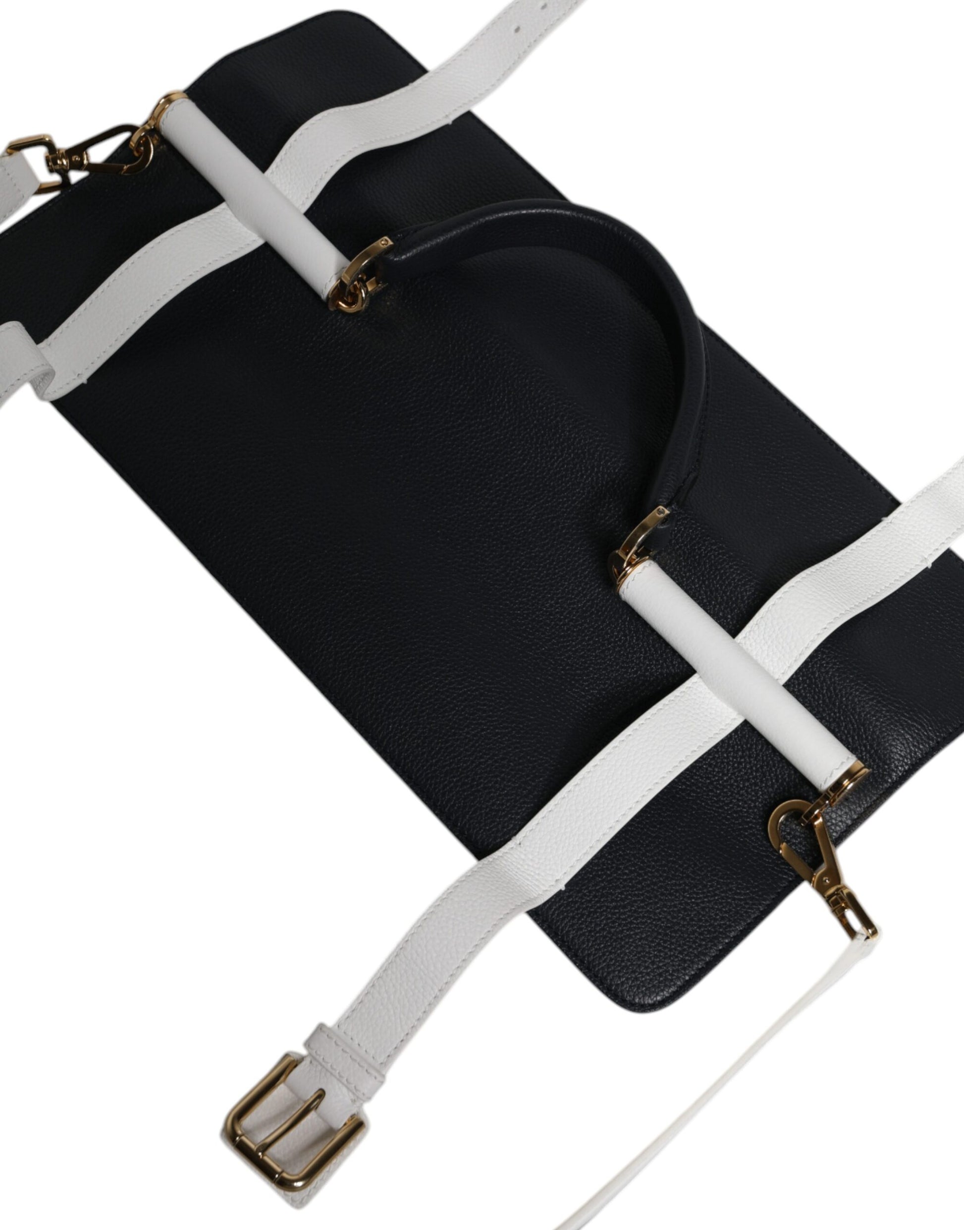 Sac bandoulière en cuir de veau bleu et blanc.