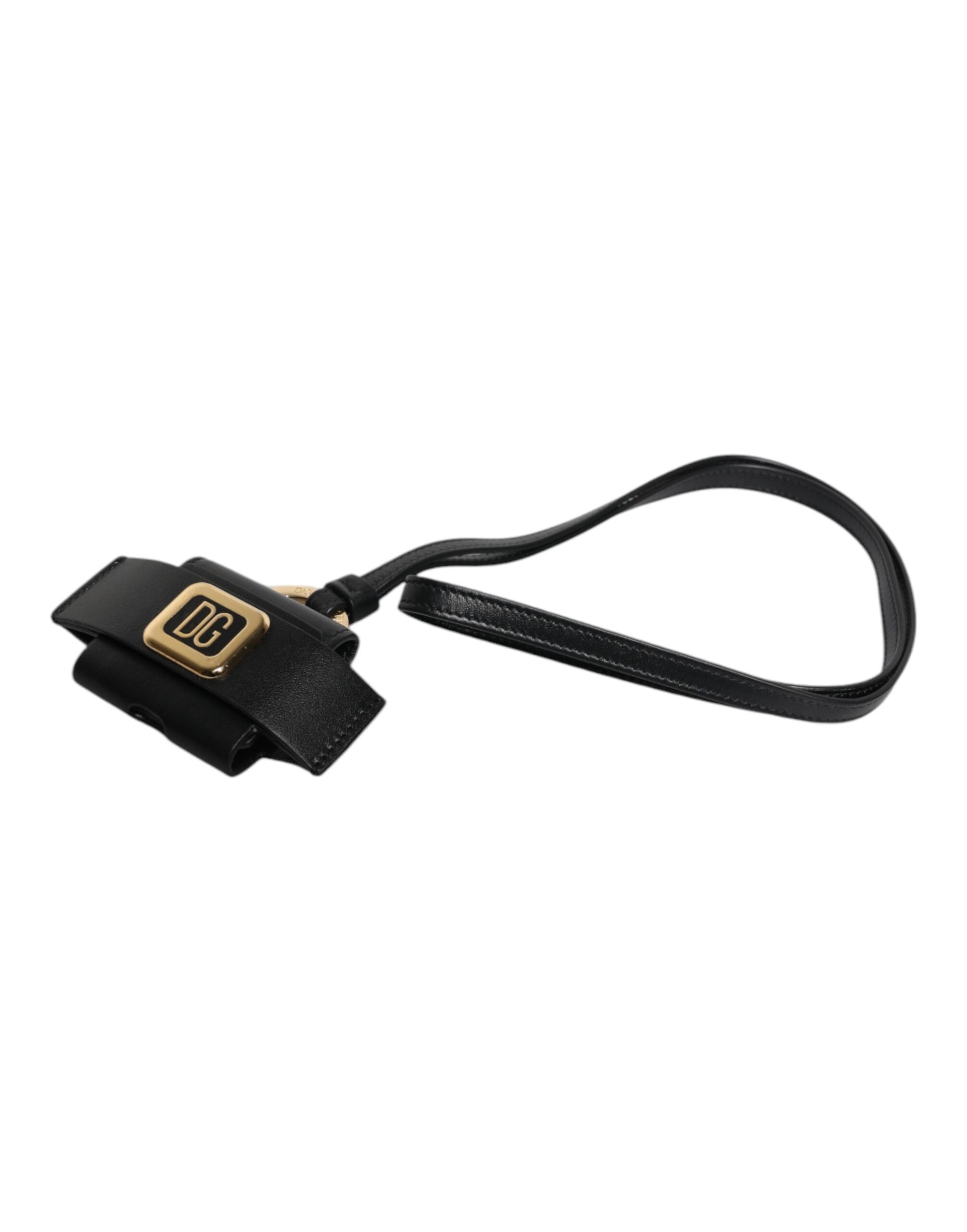 Black Leather Strap Gold Metal Logo Plaque Airpods Case