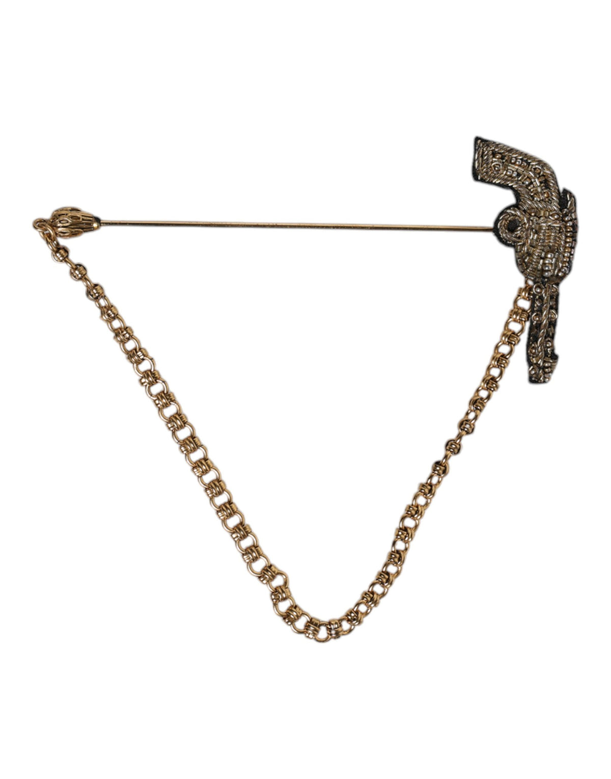 Broche en laiton, cuivre et or noir en forme de revolver, épingle de poitrine.