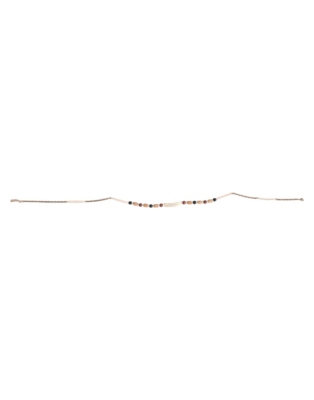 Collier avec pendentif en forme de logo, en bois noir et doré, avec perles.
