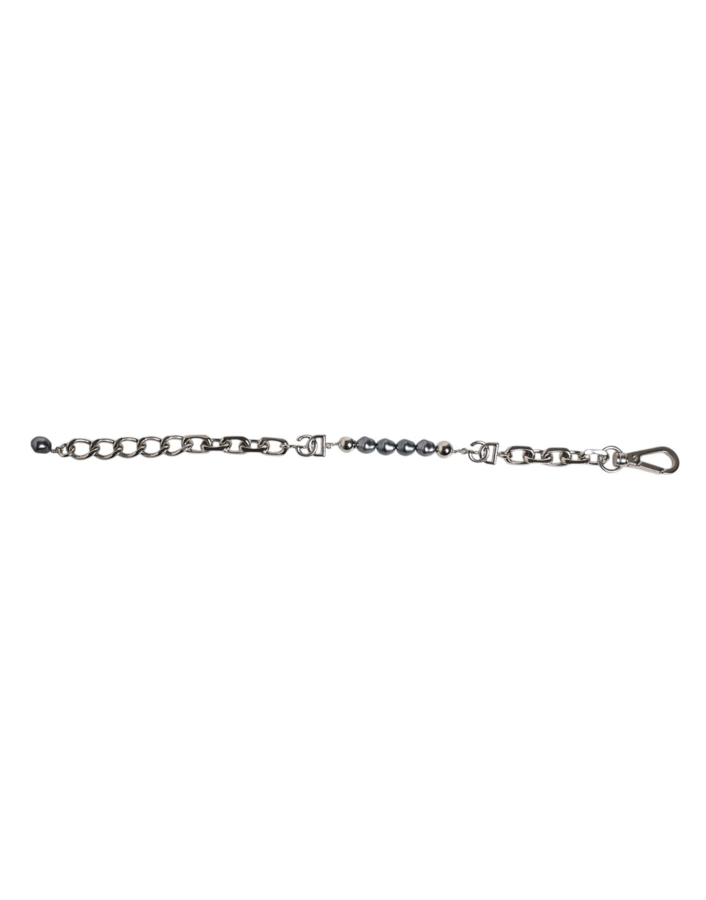 Bracelet en perles grises avec chaîne argentée, fermoir à crochet et logo.