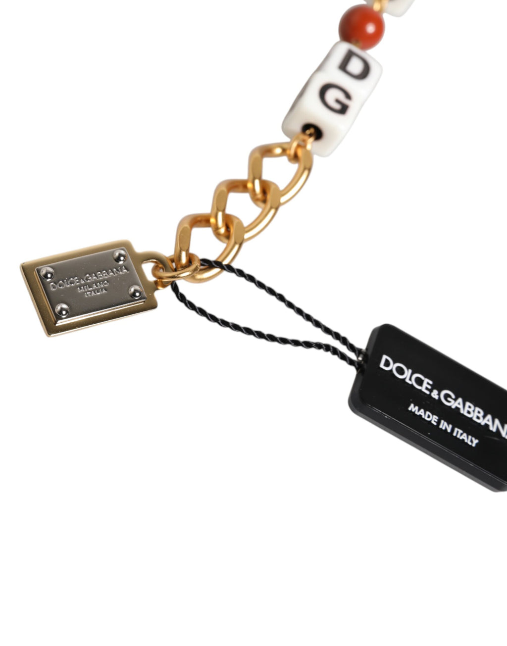 Bracelet en chaîne en laiton doré multicolore avec logo DG et dés.