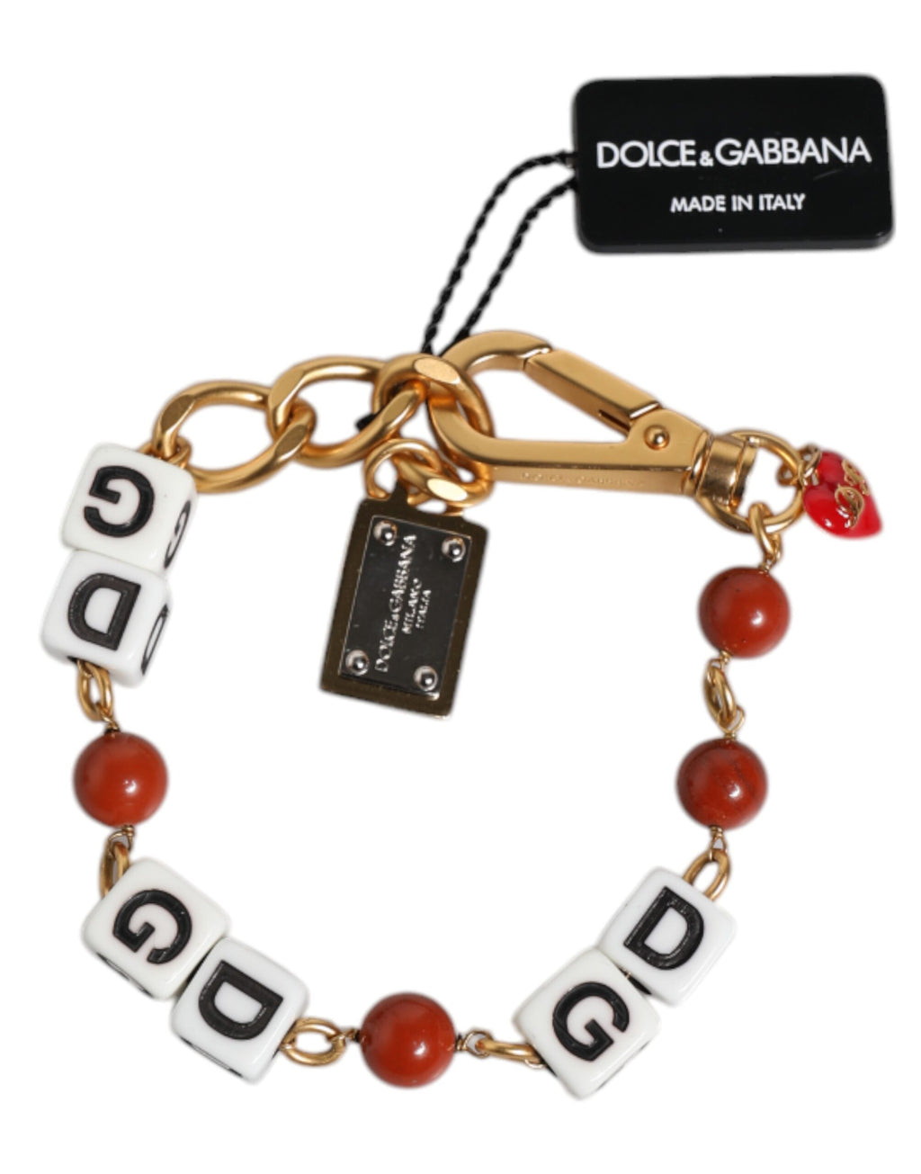Bracelet en chaîne en laiton doré multicolore avec logo DG et dés.