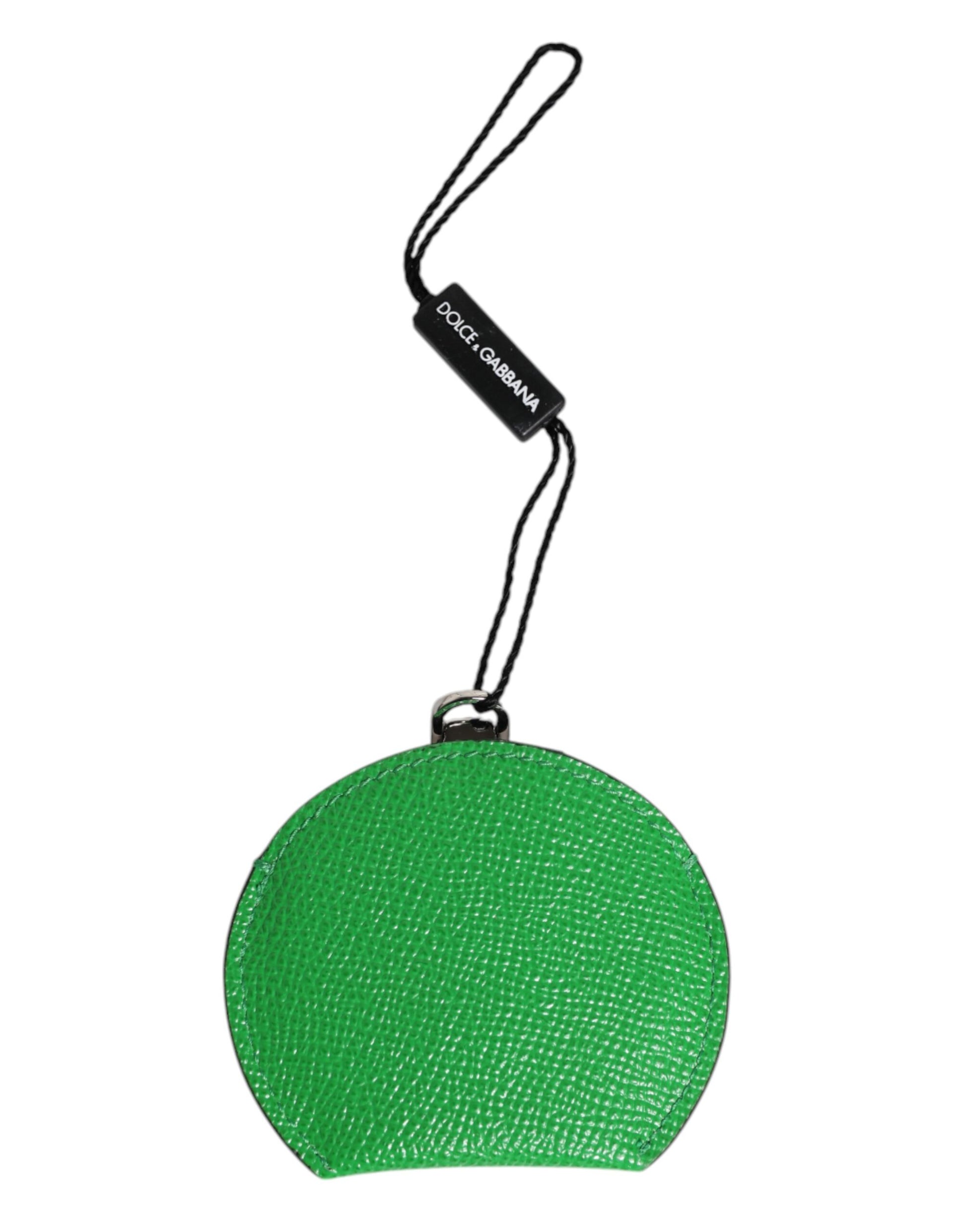 Green Calfskin Leather Round Logo Hand Mirror Holder