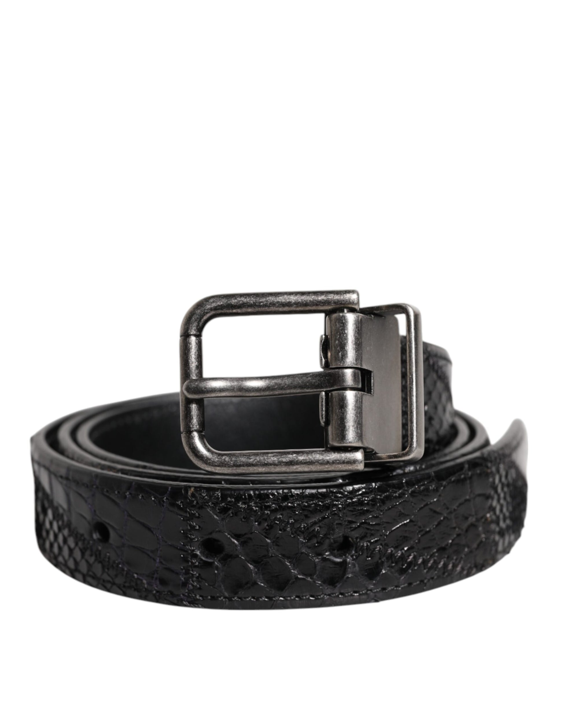 Ceinture en cuir exotique noir avec boucle à logo en métal