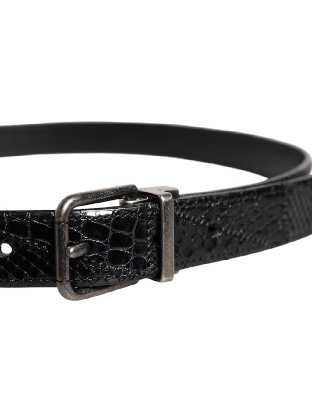 Ceinture en cuir exotique noir avec boucle à logo en métal