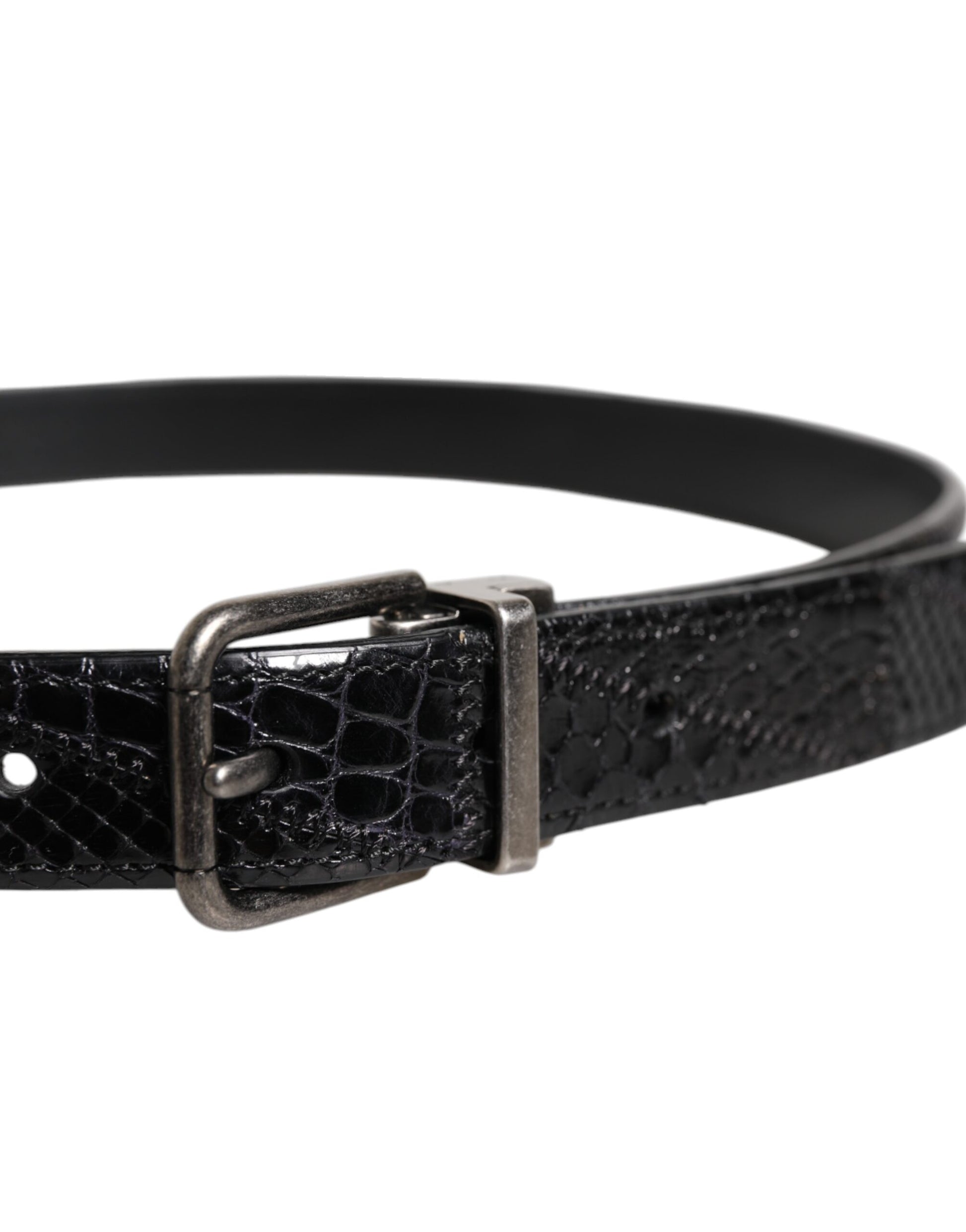 Ceinture en cuir exotique noir avec boucle à logo en métal