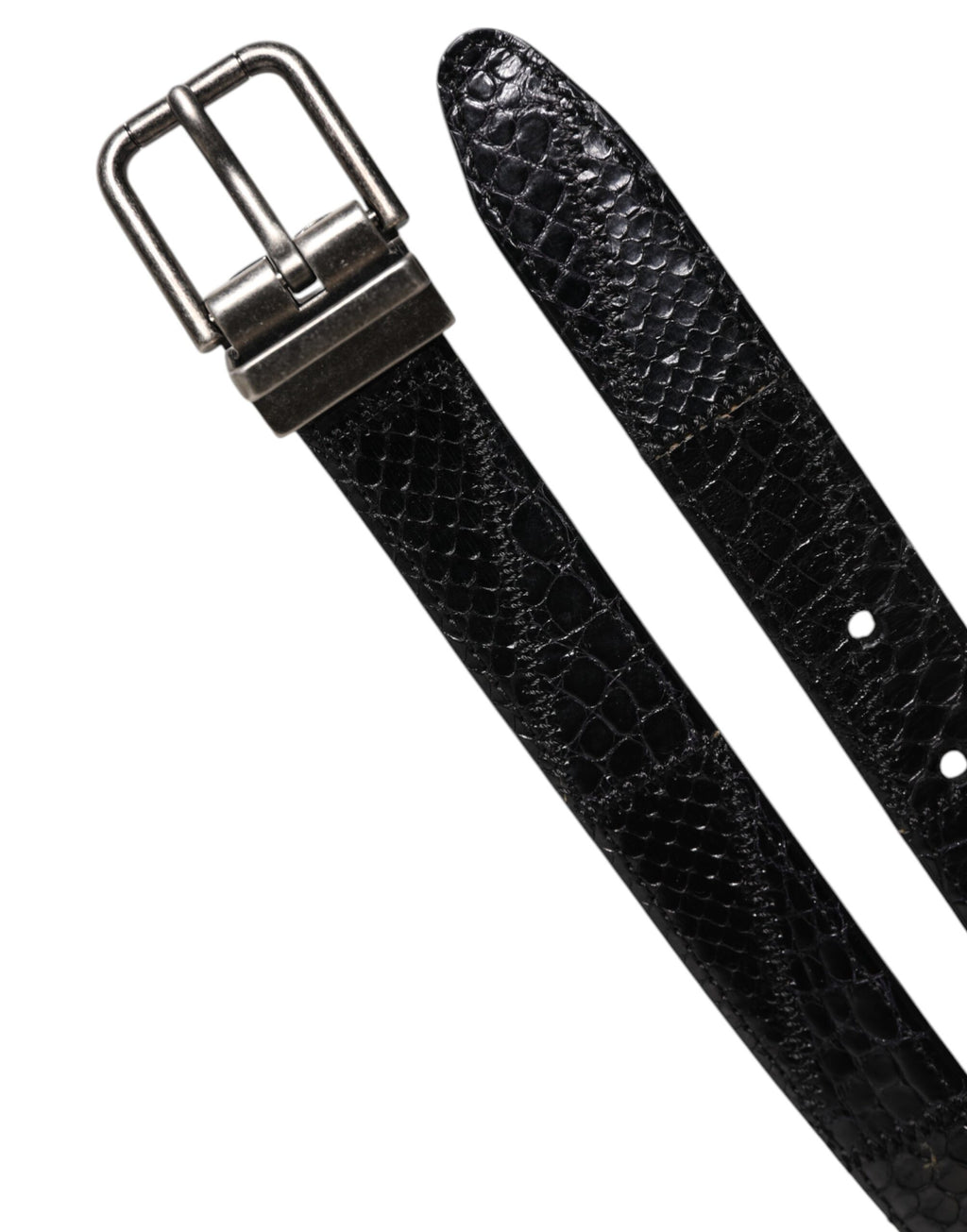 Ceinture en cuir exotique noir avec boucle à logo en métal