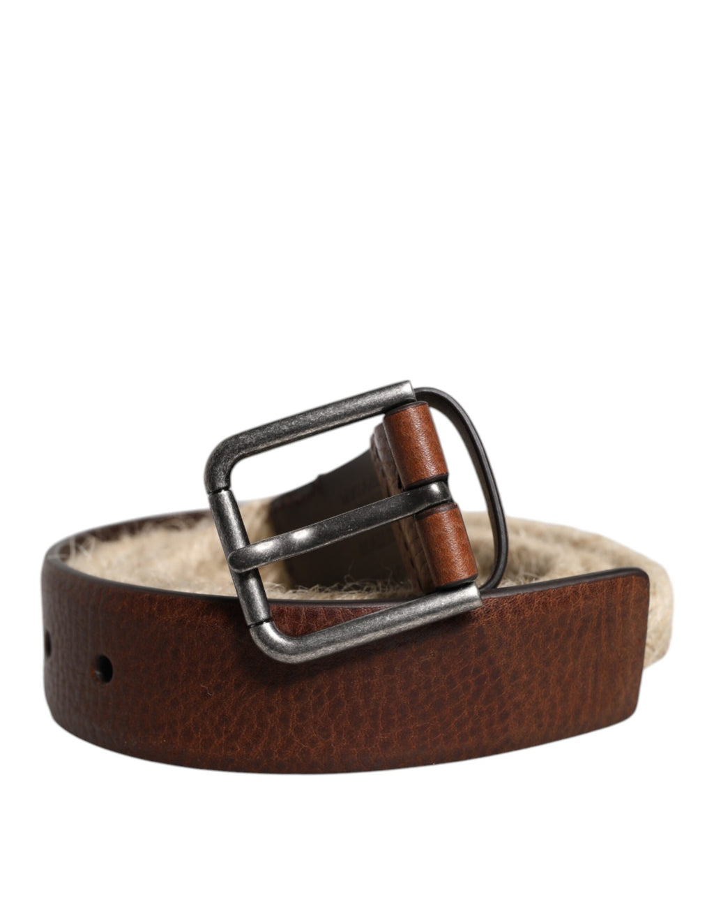 Brown Jute Leather Woven Metal Buckle Belt