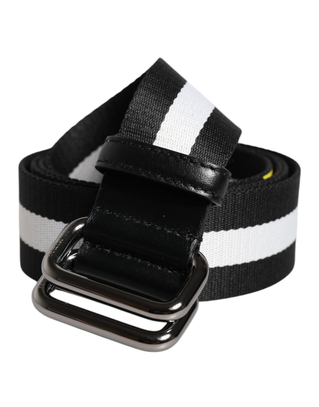 Ceinture à boucle en métal rayée, noire et jaune, avec logo.