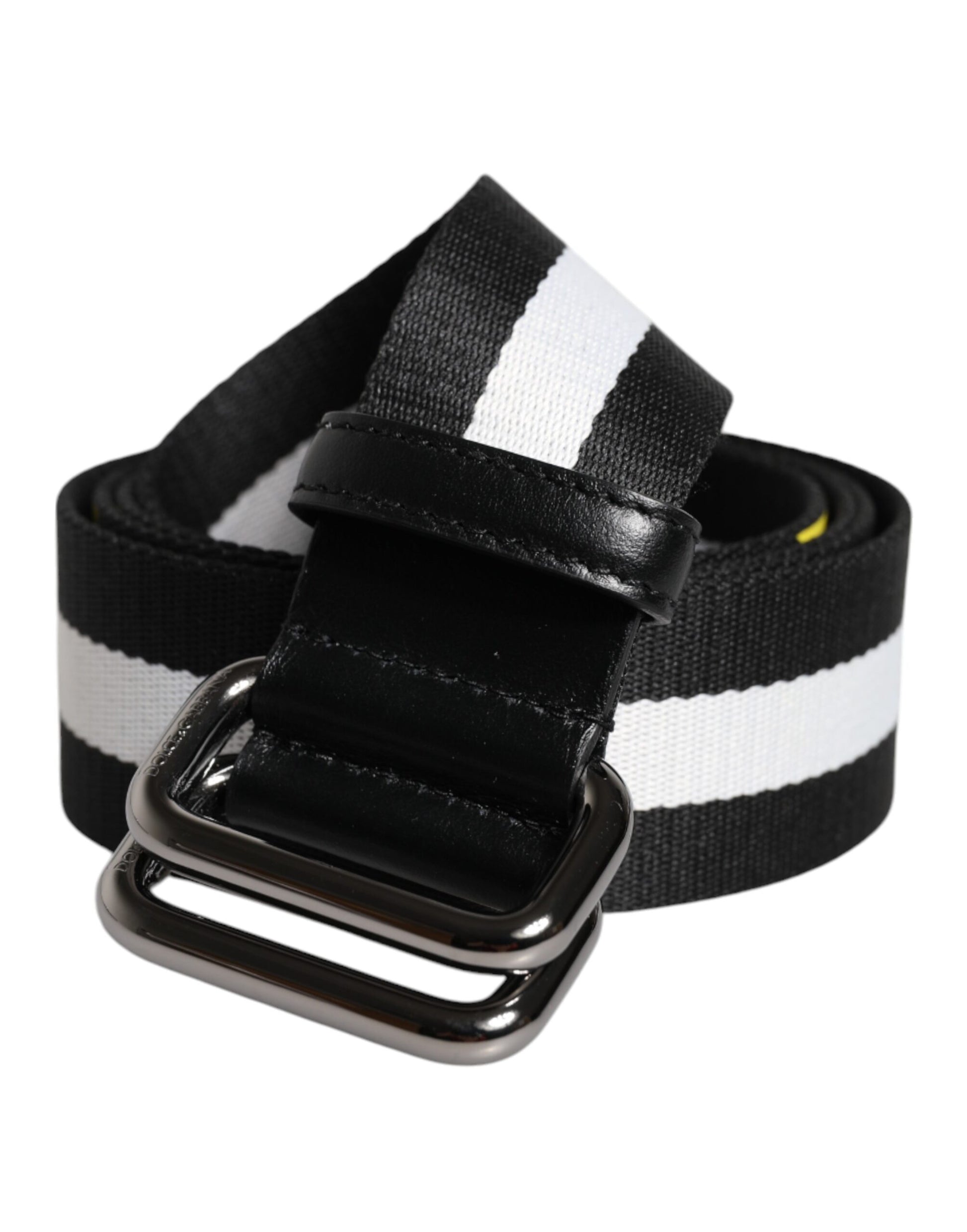 Ceinture à boucle en métal rayée, noire et jaune, avec logo.
