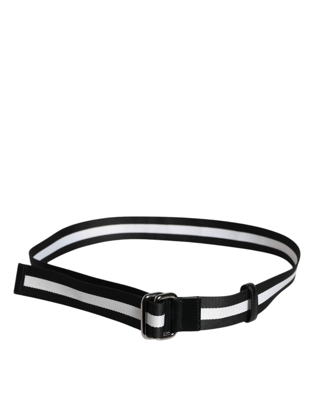 Ceinture à boucle en métal rayée, noire et jaune, avec logo.