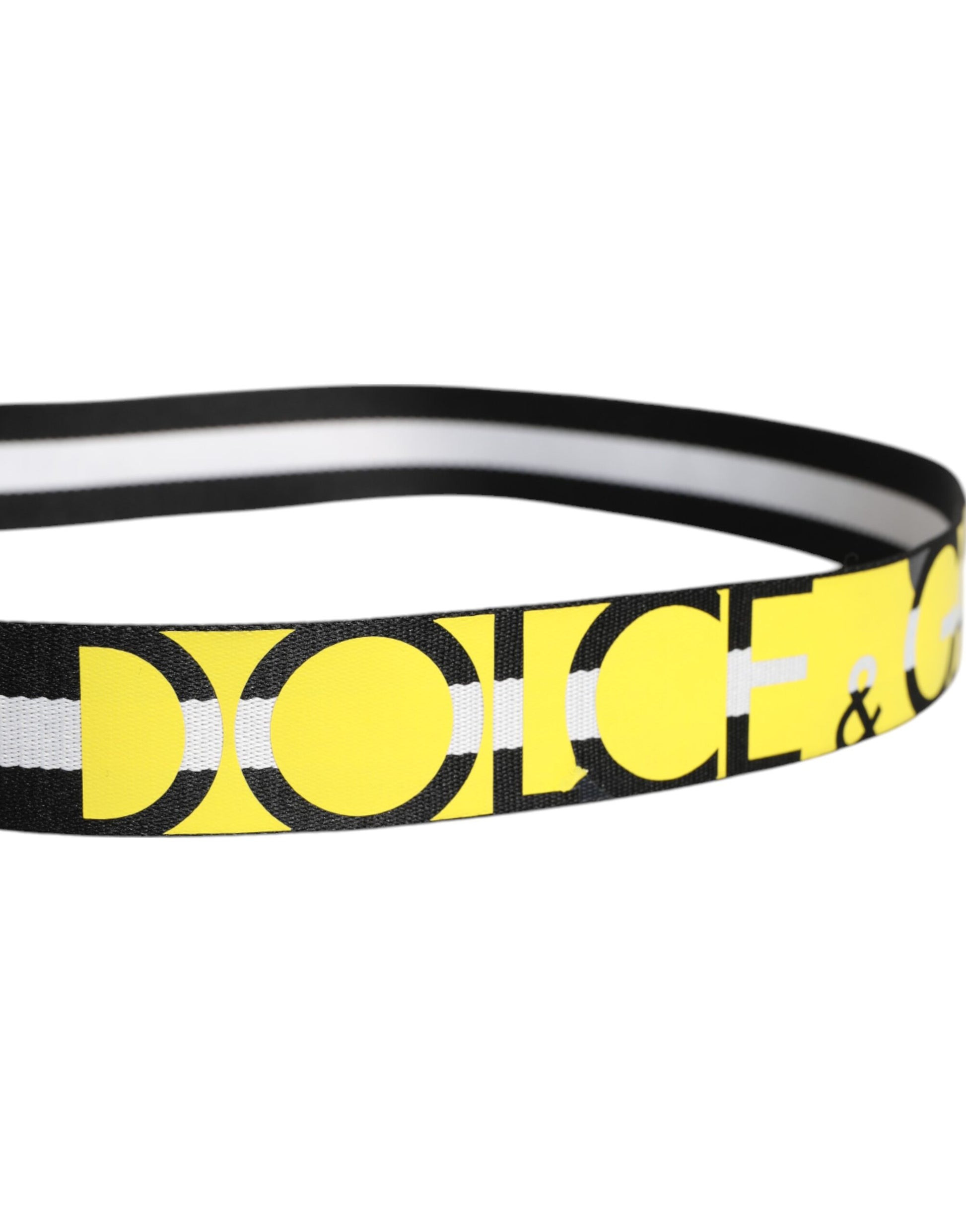 Ceinture à boucle en métal rayée, noire et jaune, avec logo.