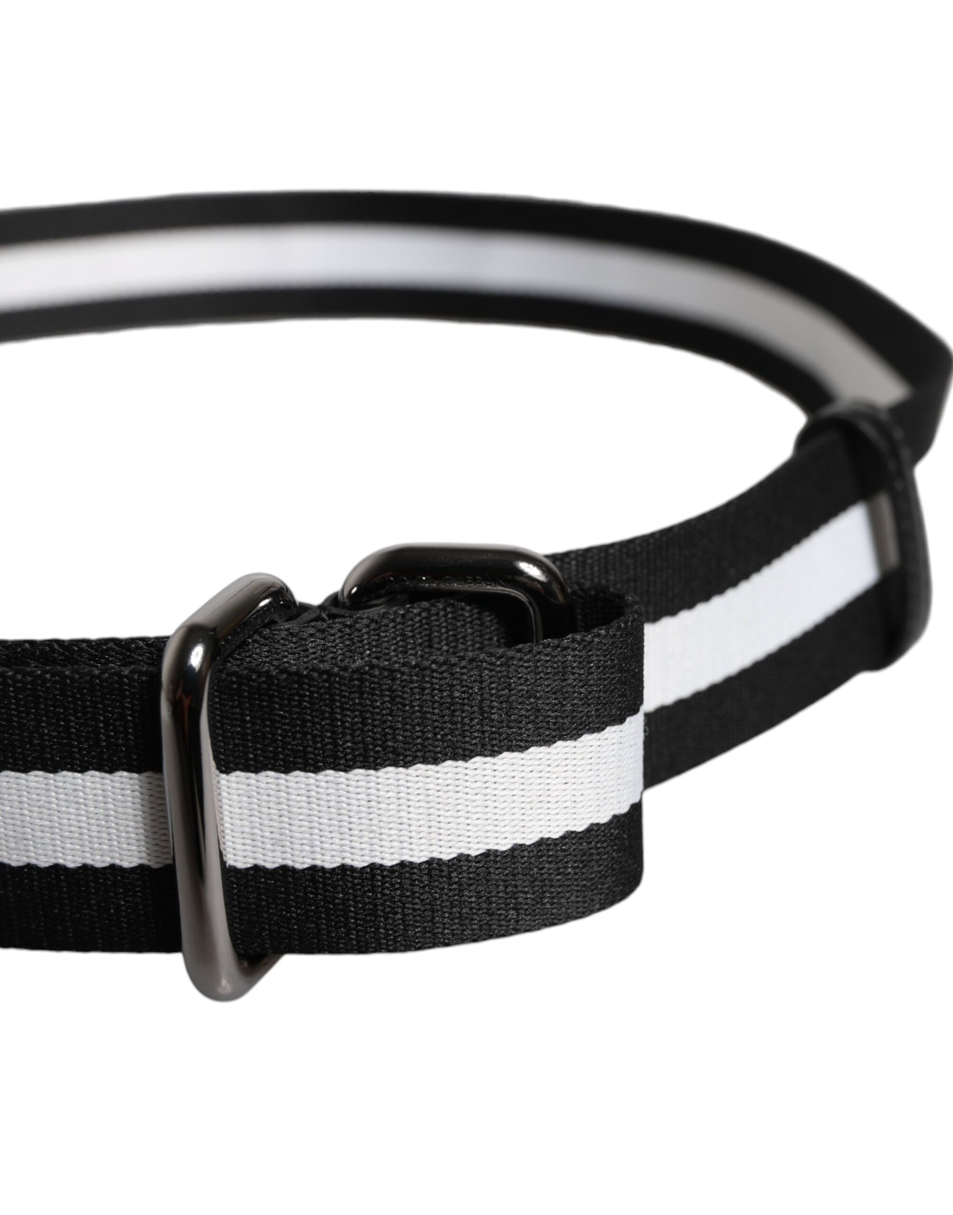 Ceinture à boucle en métal rayée, noire et jaune, avec logo.