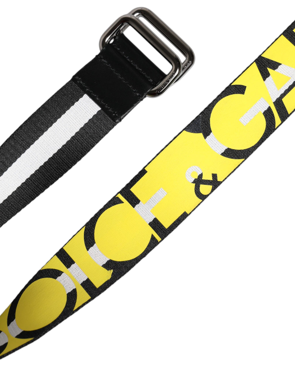 Ceinture à boucle en métal rayée, noire et jaune, avec logo.
