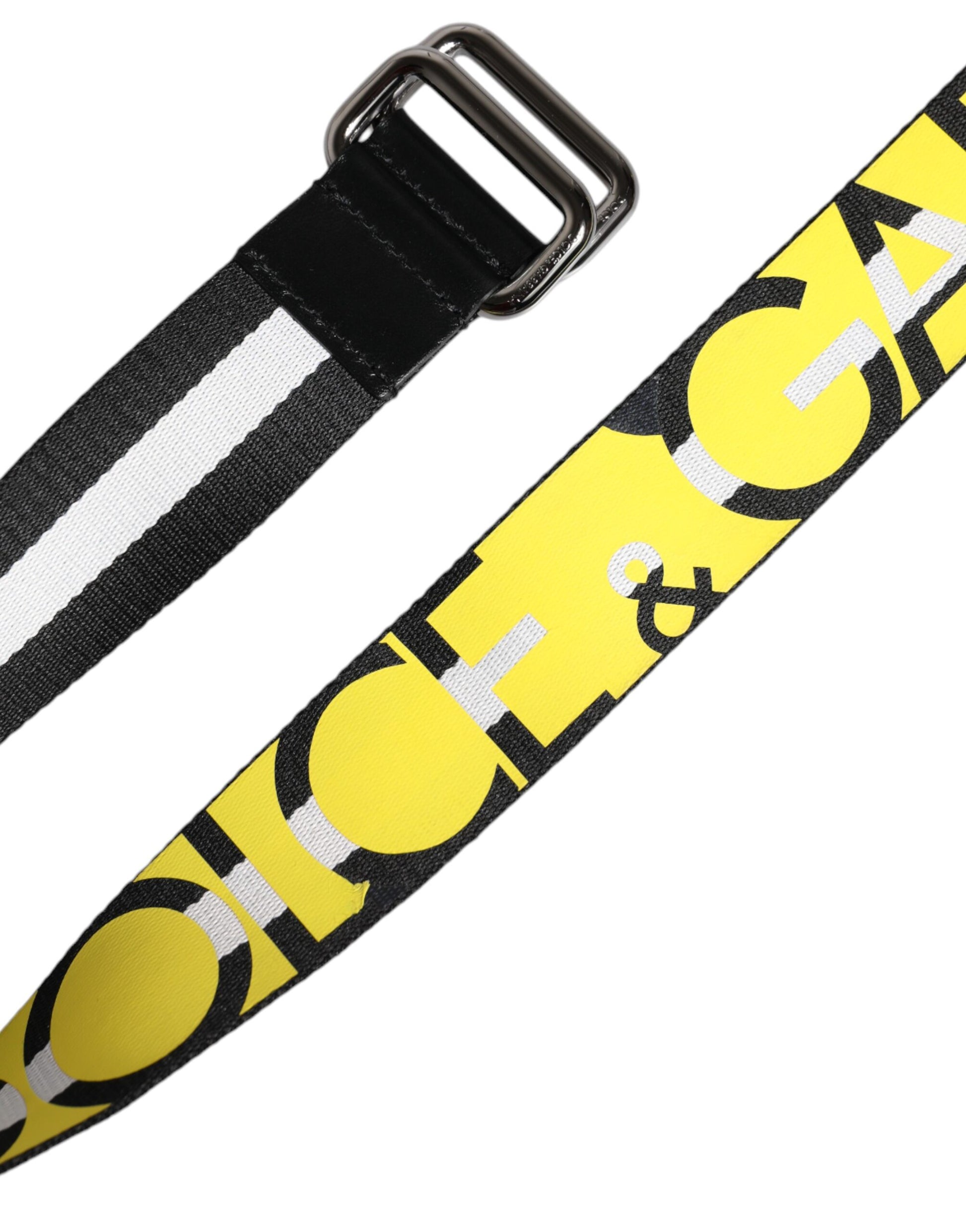 Ceinture à boucle en métal rayée, noire et jaune, avec logo.