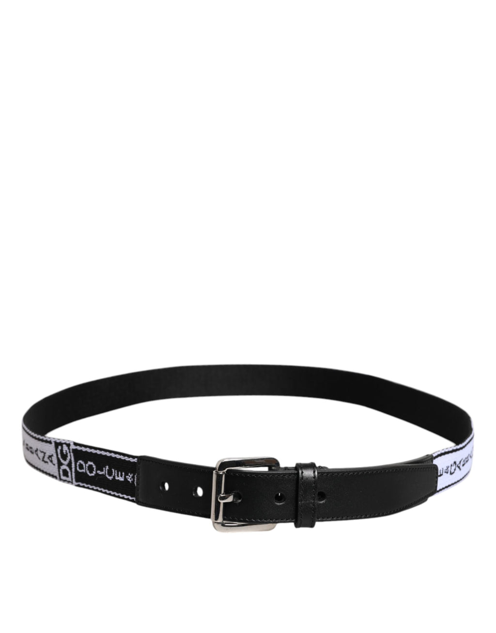 Ceinture avec boucle en métal, imprimé noir et blanc, logo métallisé.