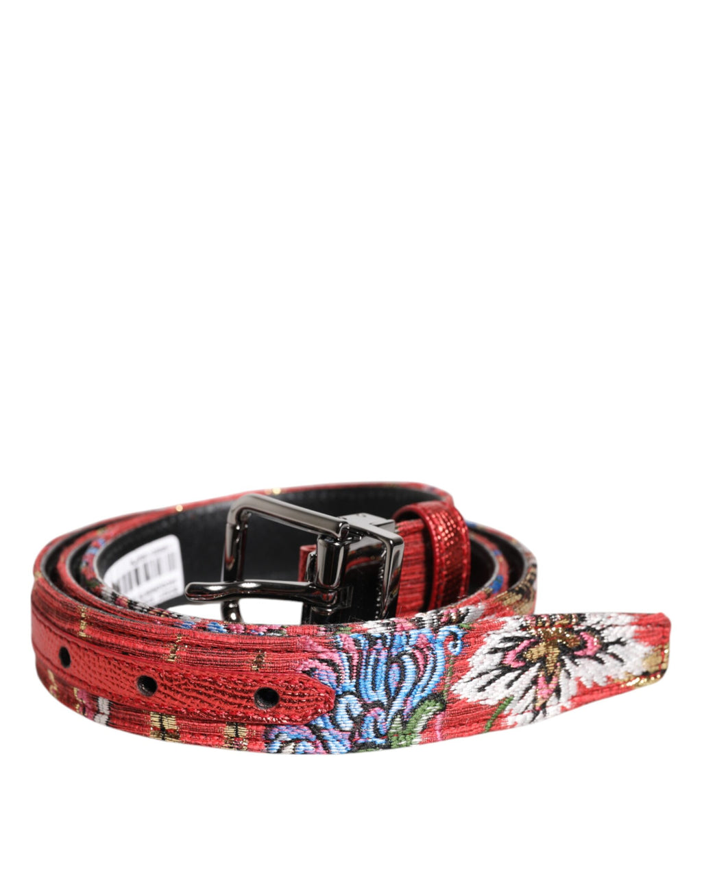 Ceinture à boucle en métal avec détails floraux rouges et ornements DG