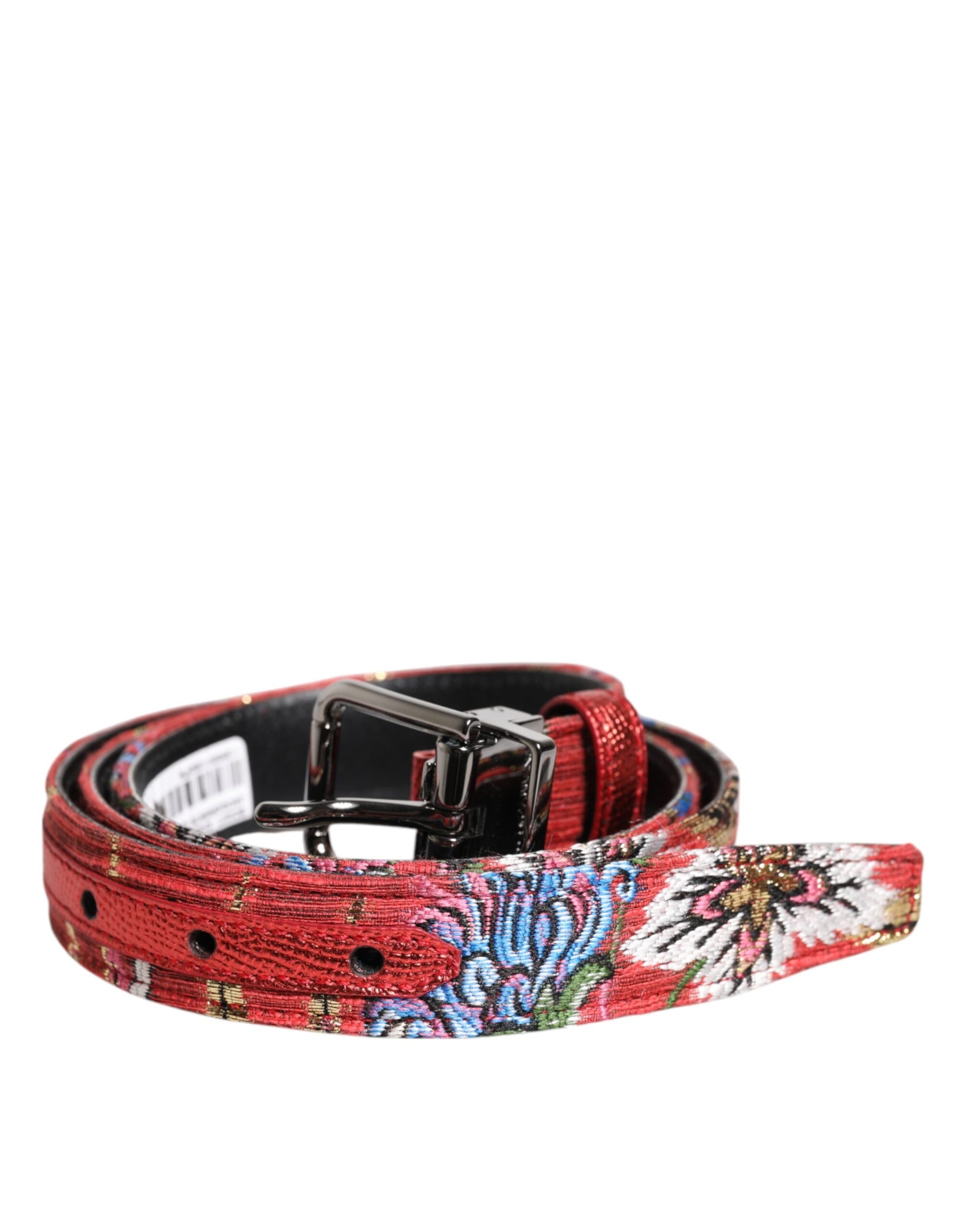 Ceinture à boucle en métal avec détails floraux rouges et ornements DG