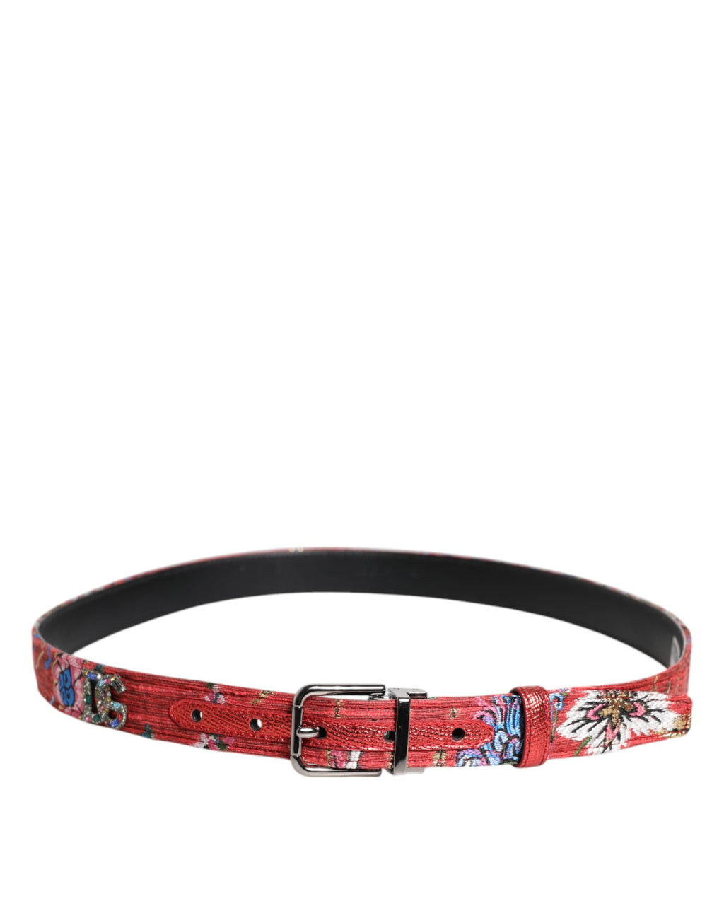 Ceinture à boucle en métal avec détails floraux rouges et ornements DG