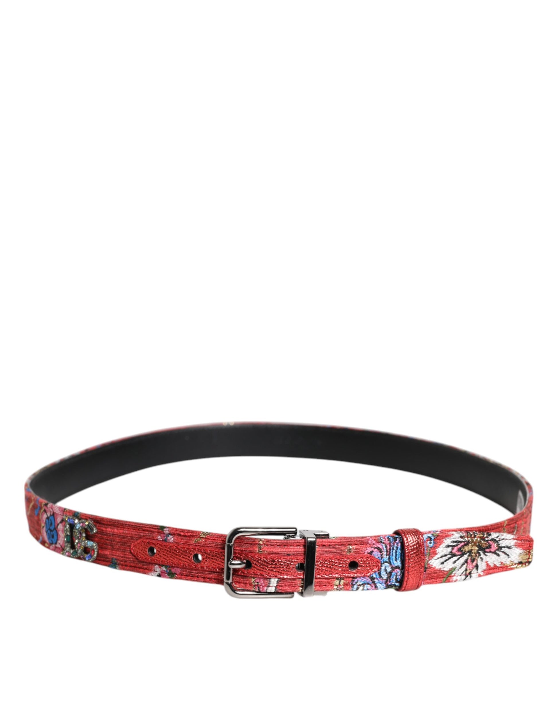 Ceinture à boucle en métal avec détails floraux rouges et ornements DG