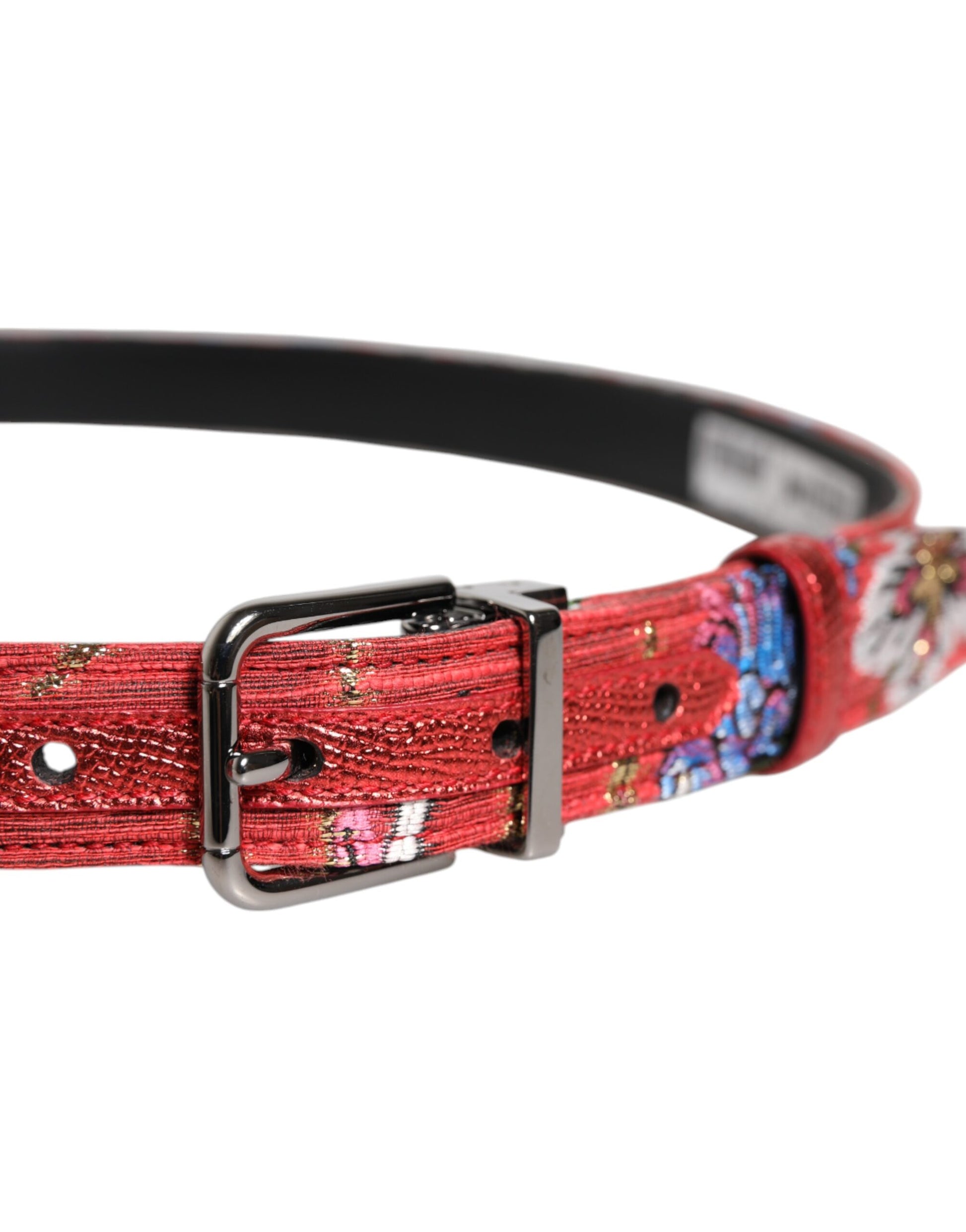 Ceinture à boucle en métal avec détails floraux rouges et ornements DG