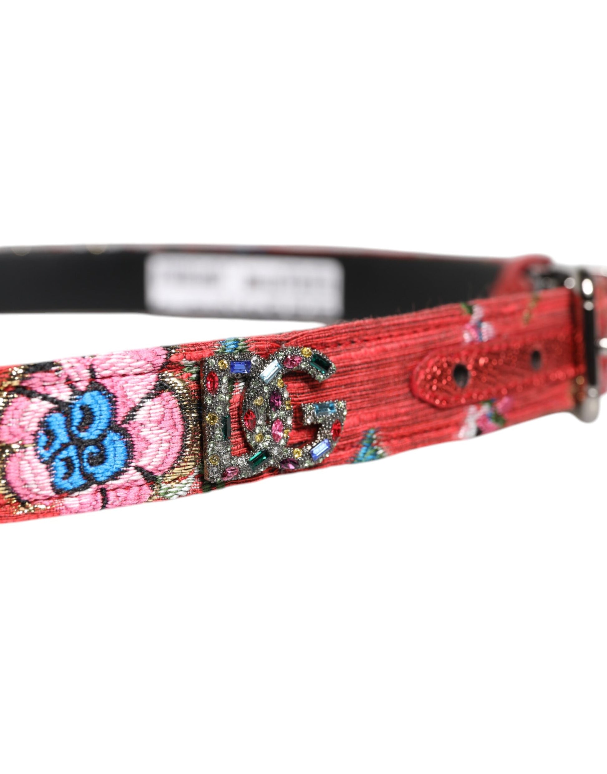 Ceinture à boucle en métal avec détails floraux rouges et ornements DG