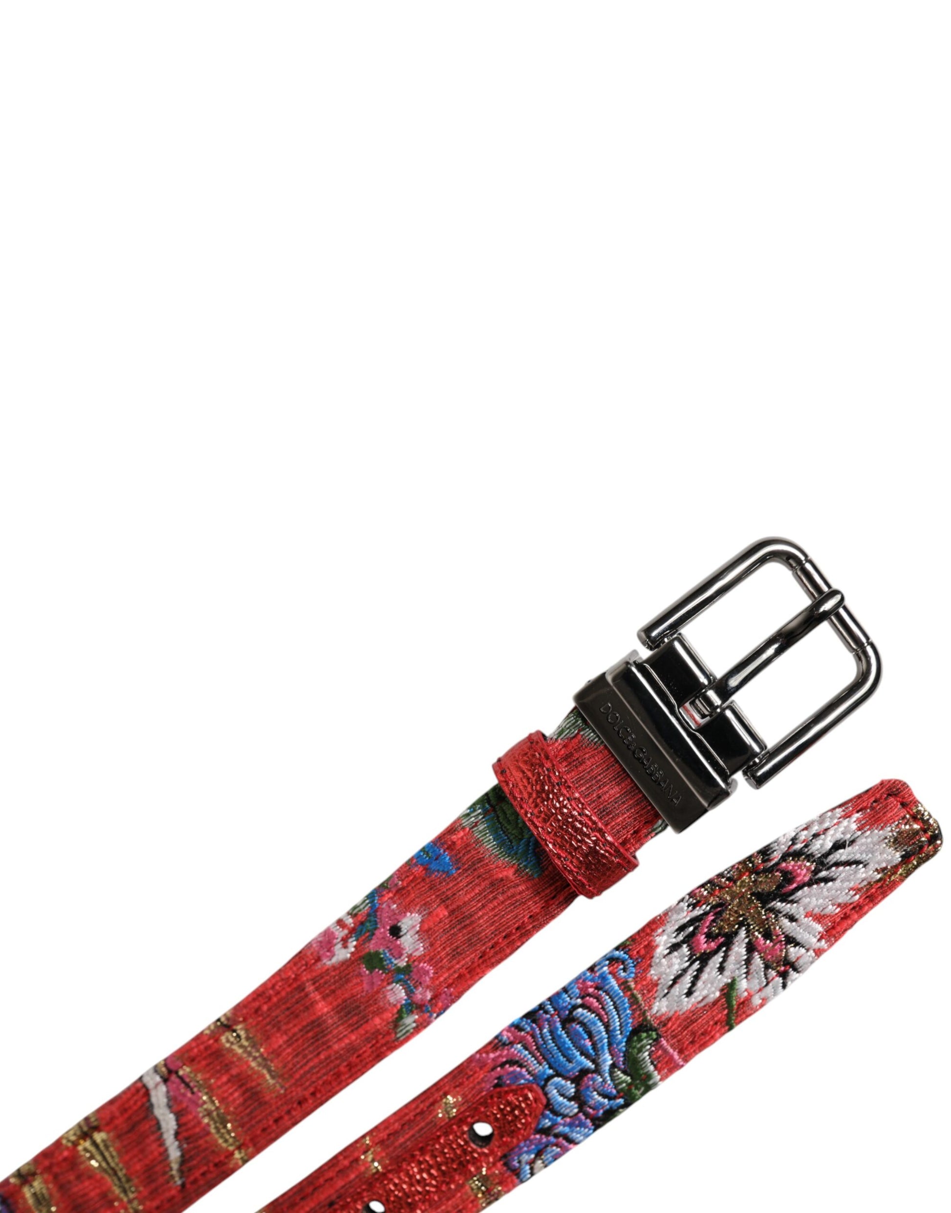 Ceinture à boucle en métal avec détails floraux rouges et ornements DG