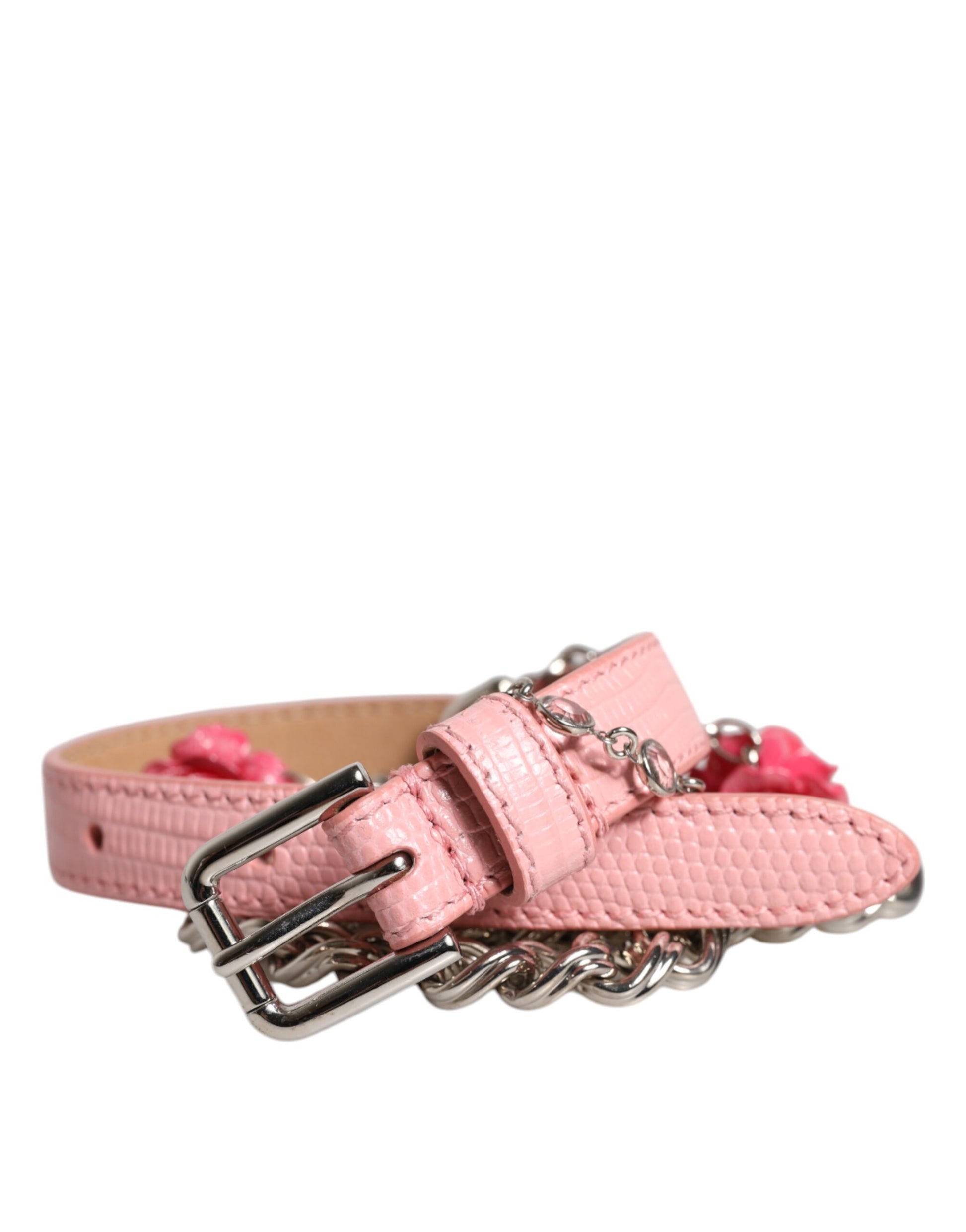 Ceinture en cuir texturé rose ornée de roses