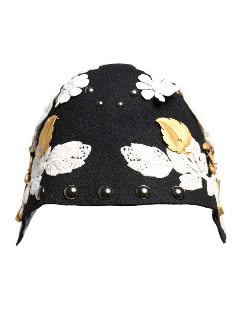 Chapeau cloche en laine noire avec motifs floraux blancs et feuilles d'or.