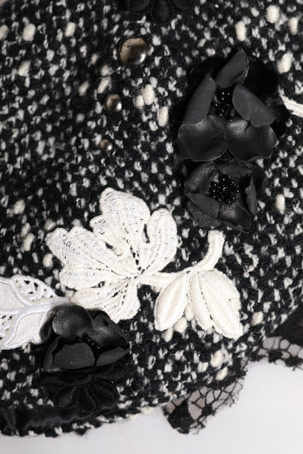 Black Wool White Floral Embellished Cloche Hat