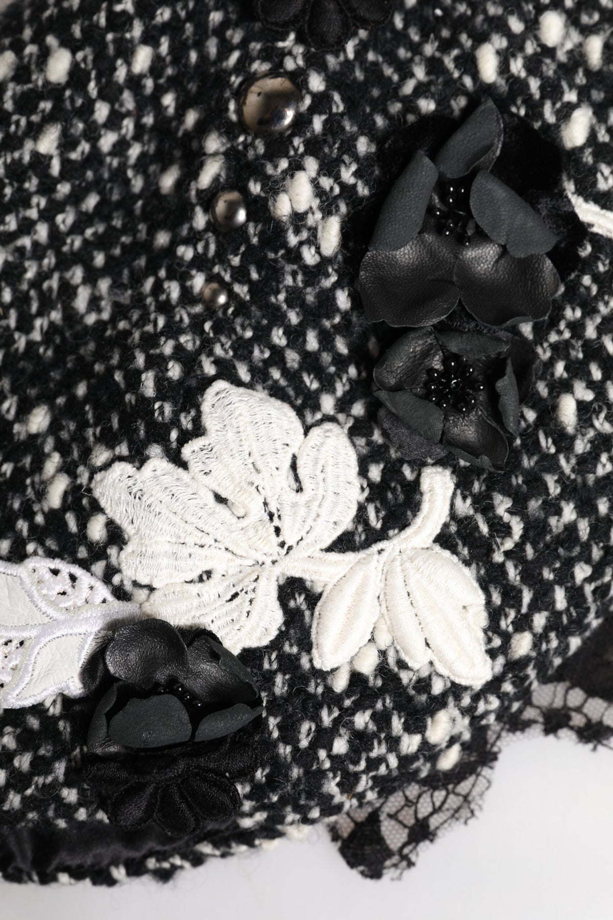 Black Wool White Floral Embellished Cloche Hat