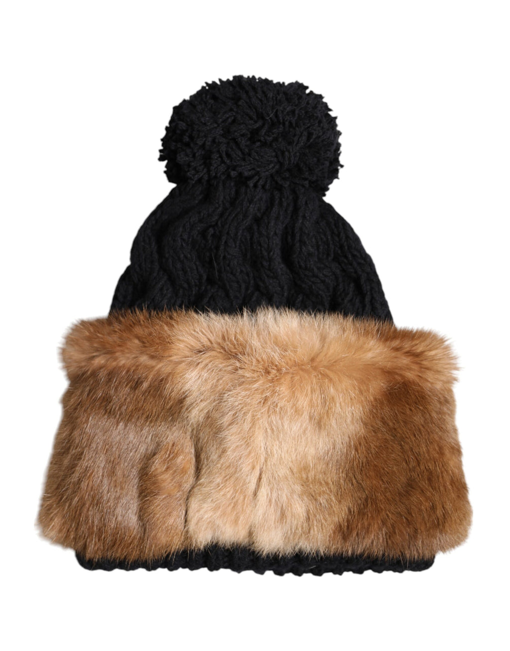Chapeau de ski en vrai fourrure de lapin teinté noir et brun.