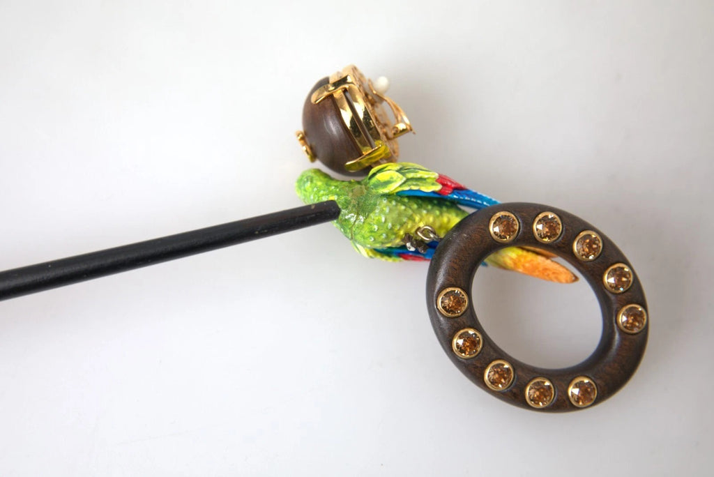 Boucles d'oreilles multicolores en forme de perroquet, ornées de cristal, en bois et en laiton.