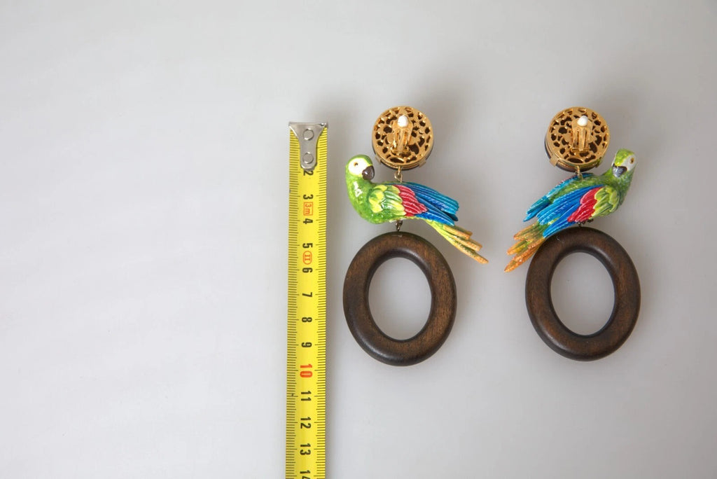 Boucles d'oreilles multicolores en forme de perroquet, ornées de cristal, en bois et en laiton.
