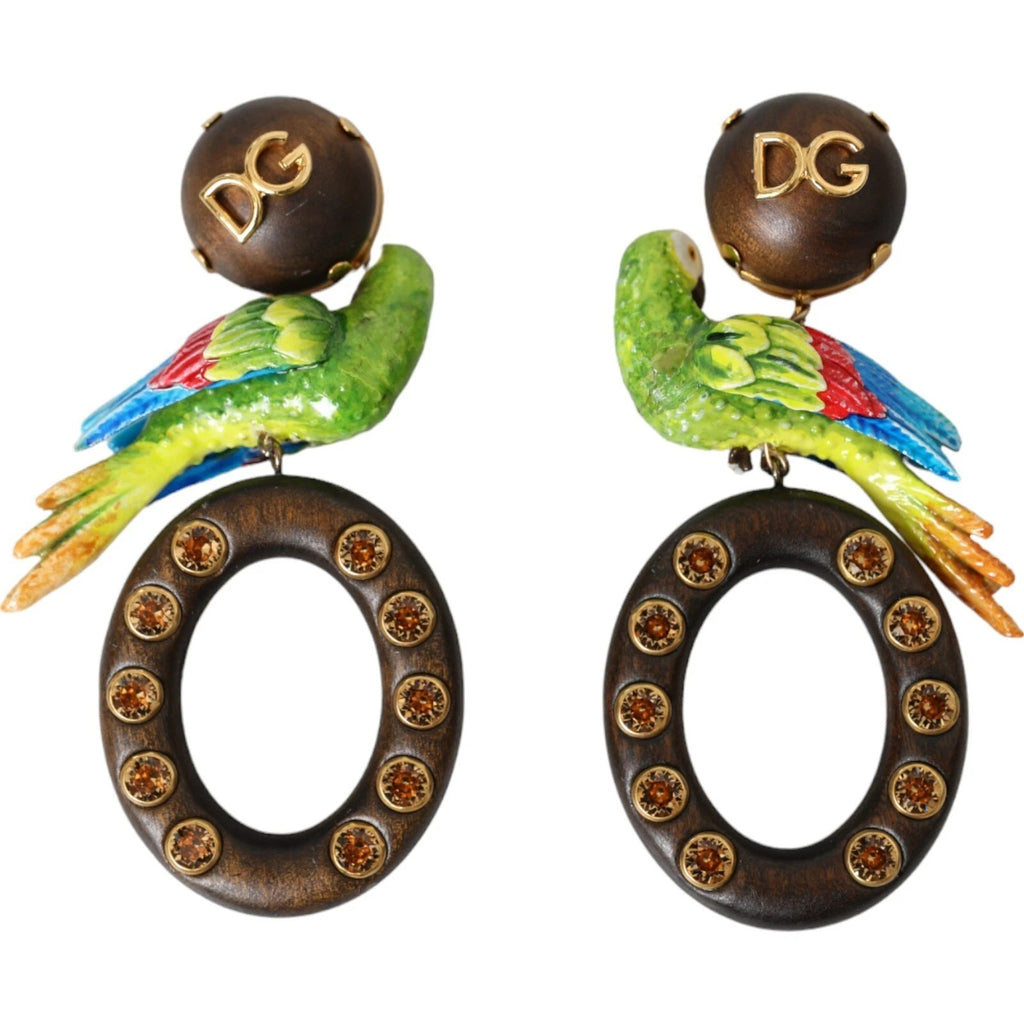 Boucles d'oreilles multicolores en forme de perroquet, ornées de cristal, en bois et en laiton.