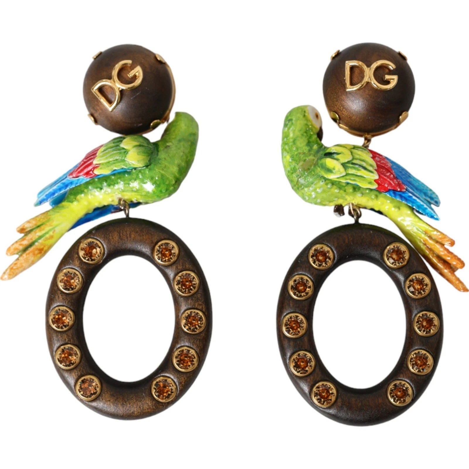 Boucles d'oreilles multicolores en forme de perroquet, ornées de cristal, en bois et en laiton.