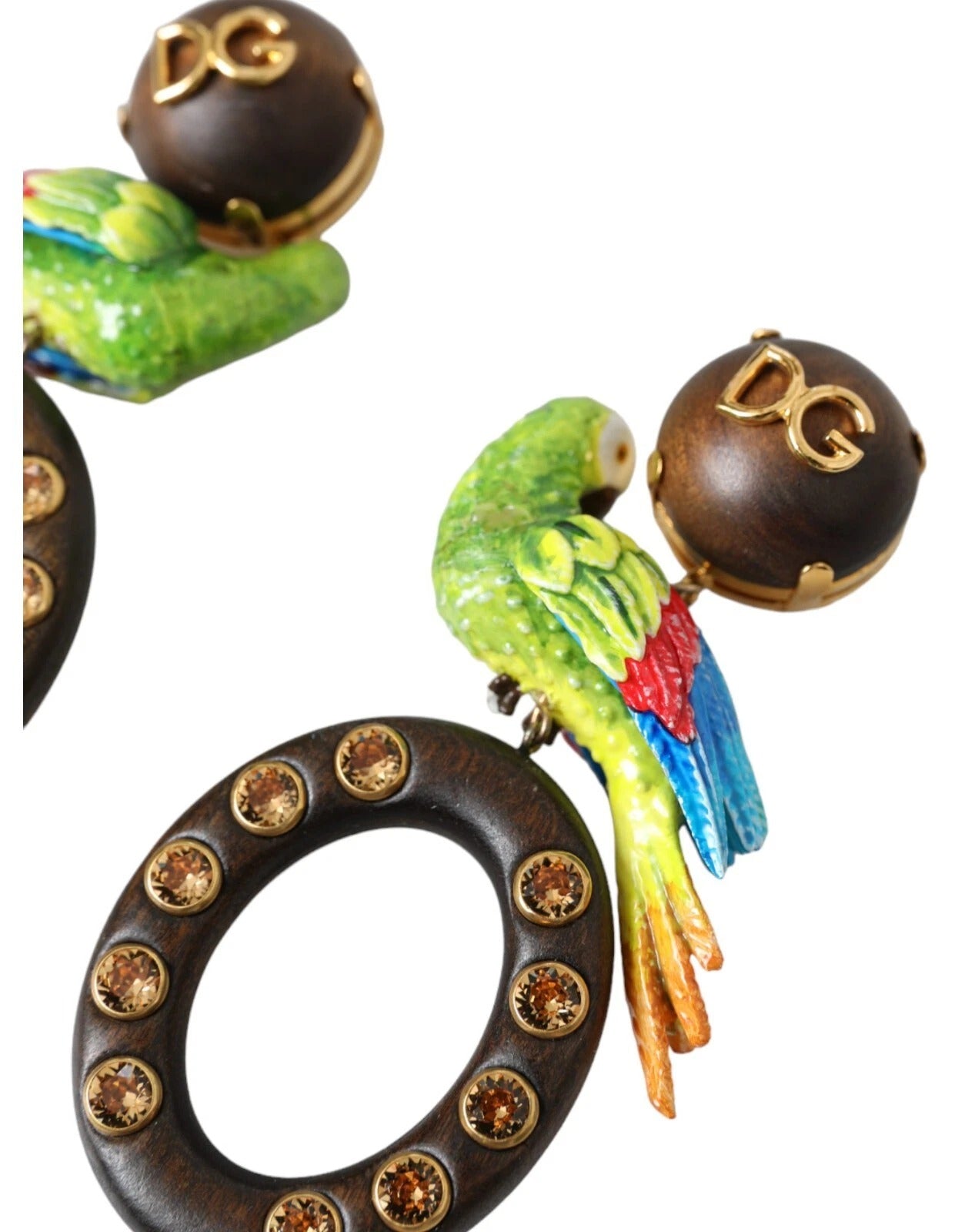 Boucles d'oreilles multicolores en forme de perroquet, ornées de cristal, en bois et en laiton.