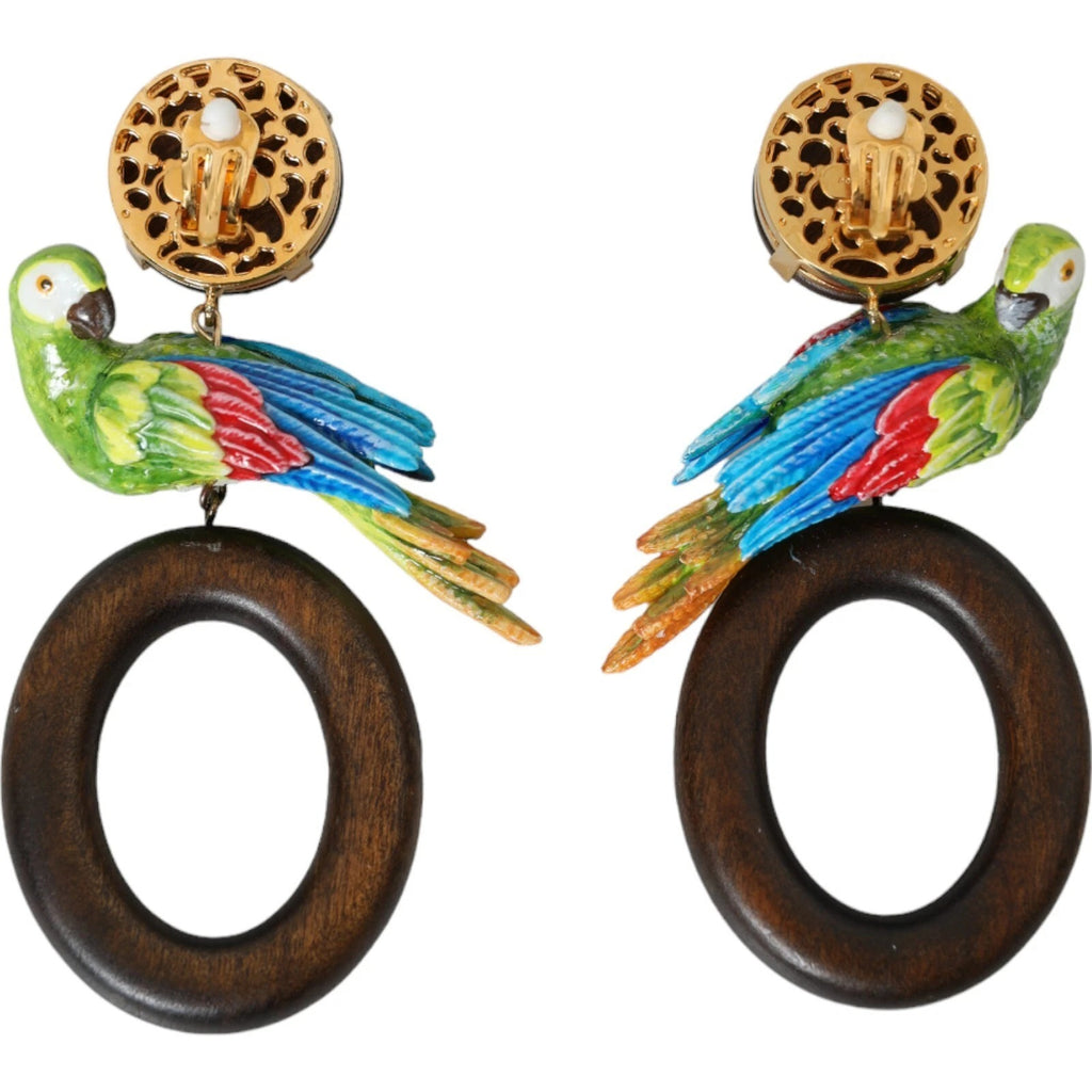 Boucles d'oreilles multicolores en forme de perroquet, ornées de cristal, en bois et en laiton.