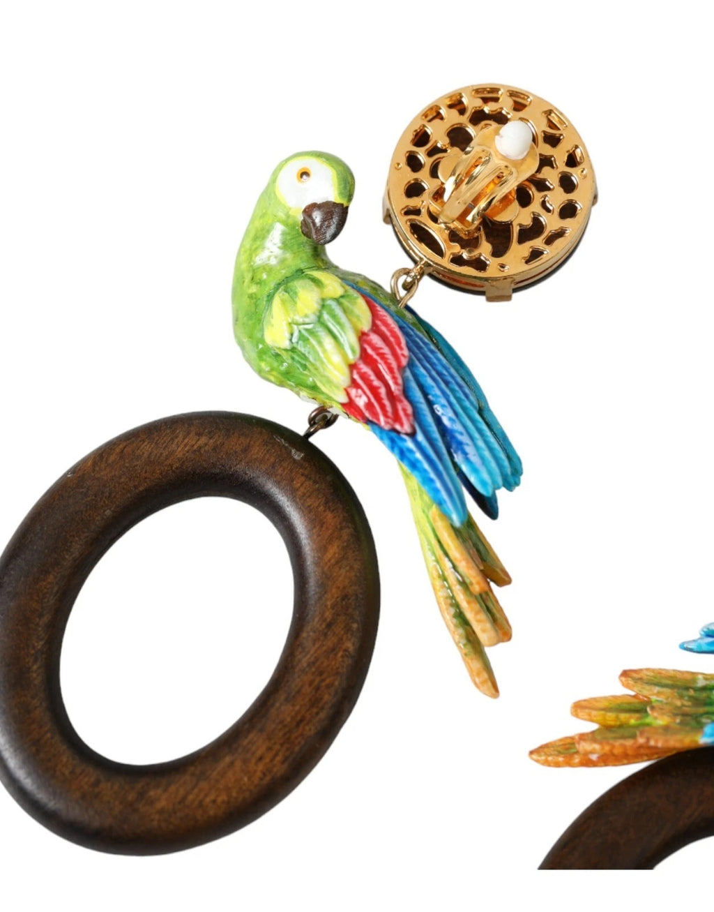 Boucles d'oreilles multicolores en forme de perroquet, ornées de cristal, en bois et en laiton.