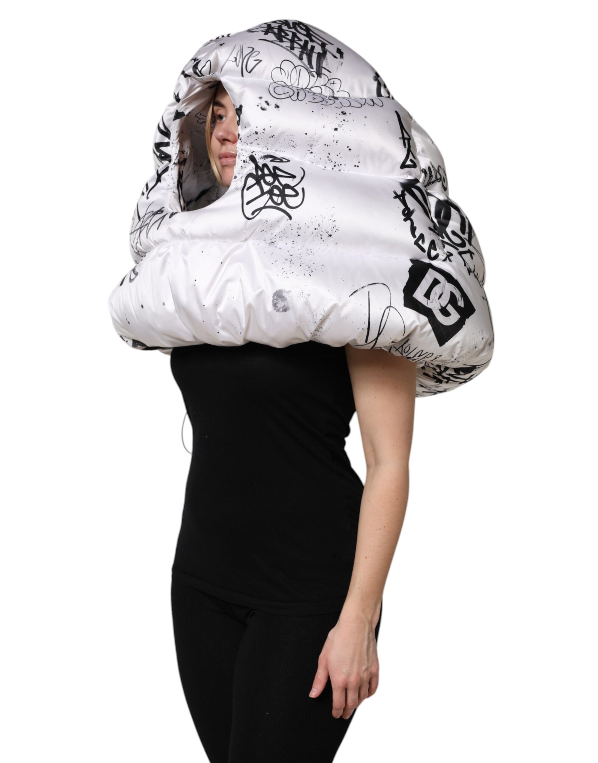Chapeau matelassé à capuche imprimé en polyester blanc