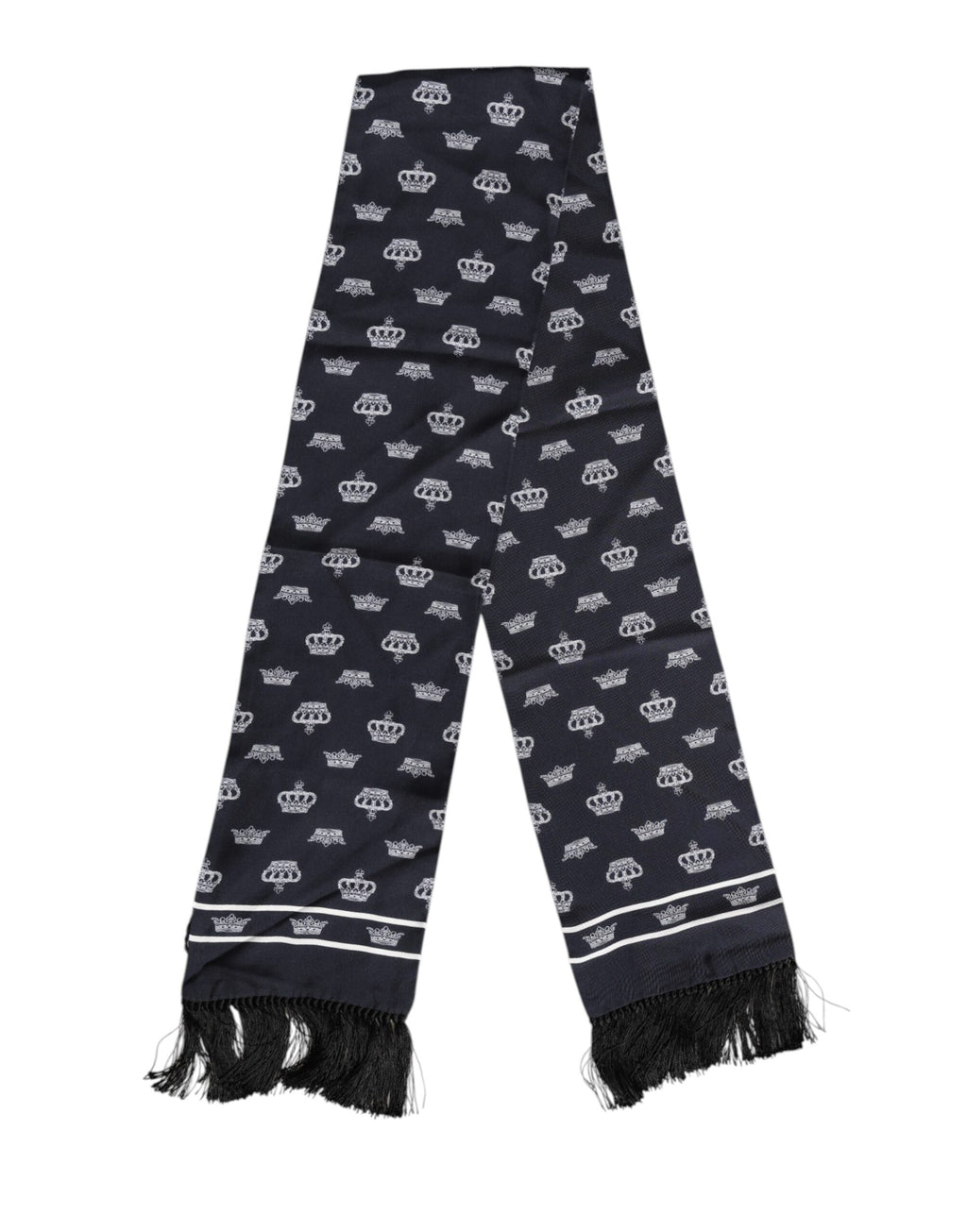 Écharpe foulard homme en soie noire avec franges et couronne.