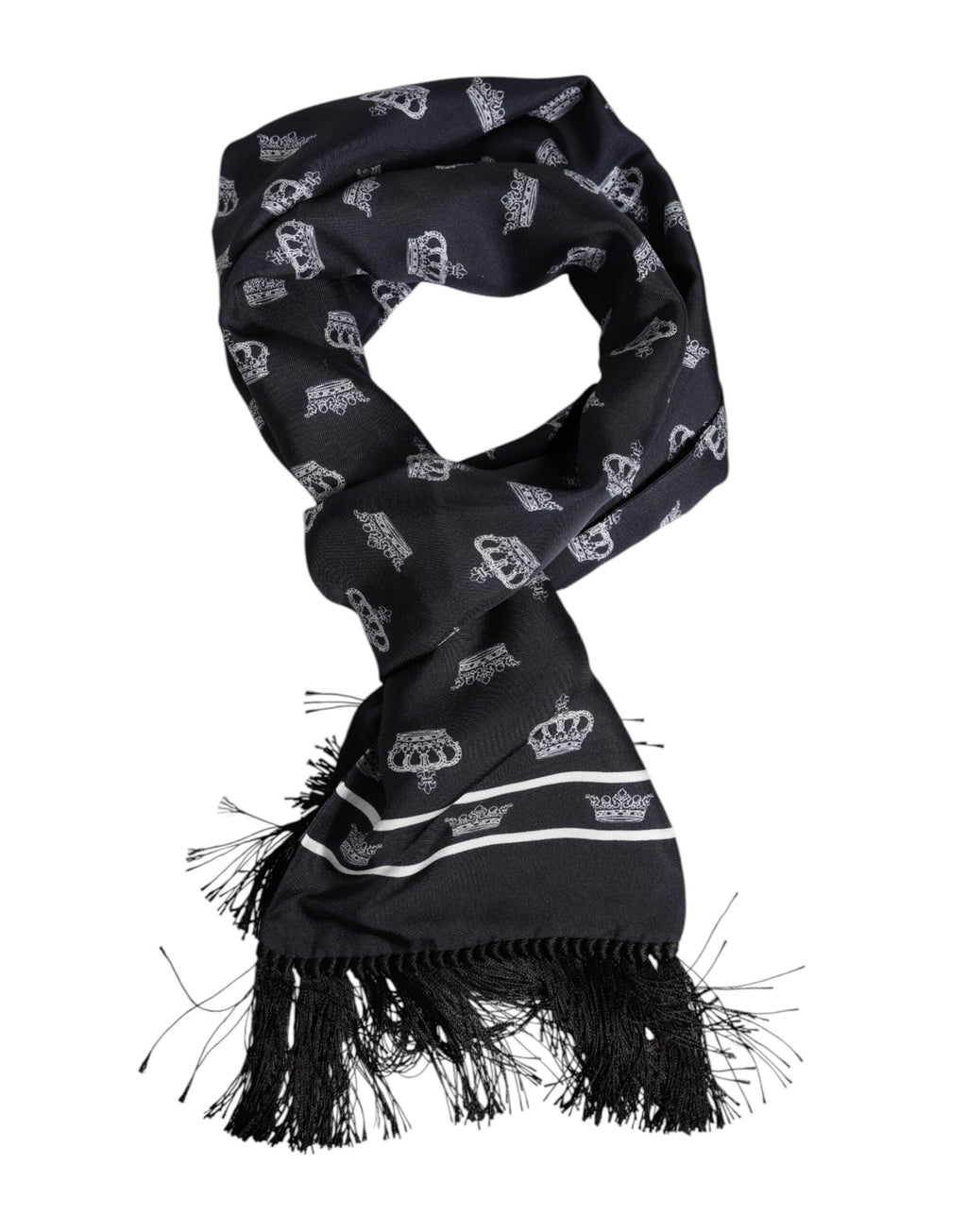 Écharpe foulard homme en soie noire avec franges et couronne.