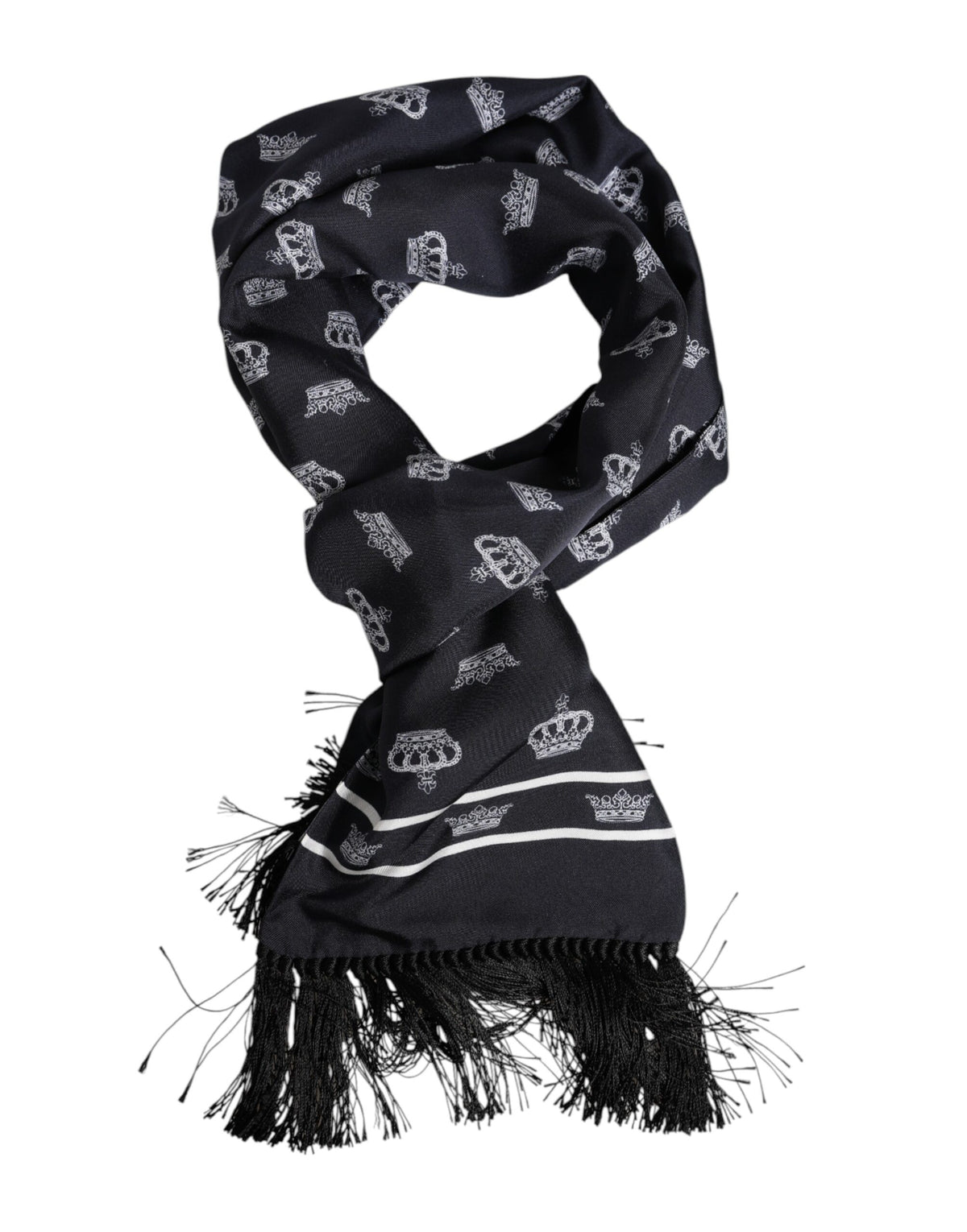 Écharpe foulard homme en soie noire avec franges et couronne.