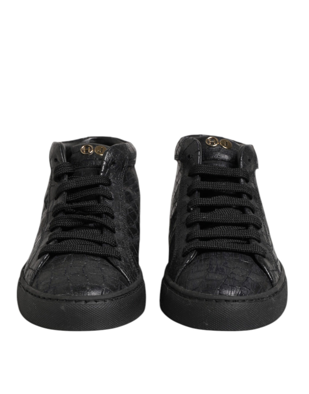 Black Leather Lace Up Mid Top Sneakers Shoes