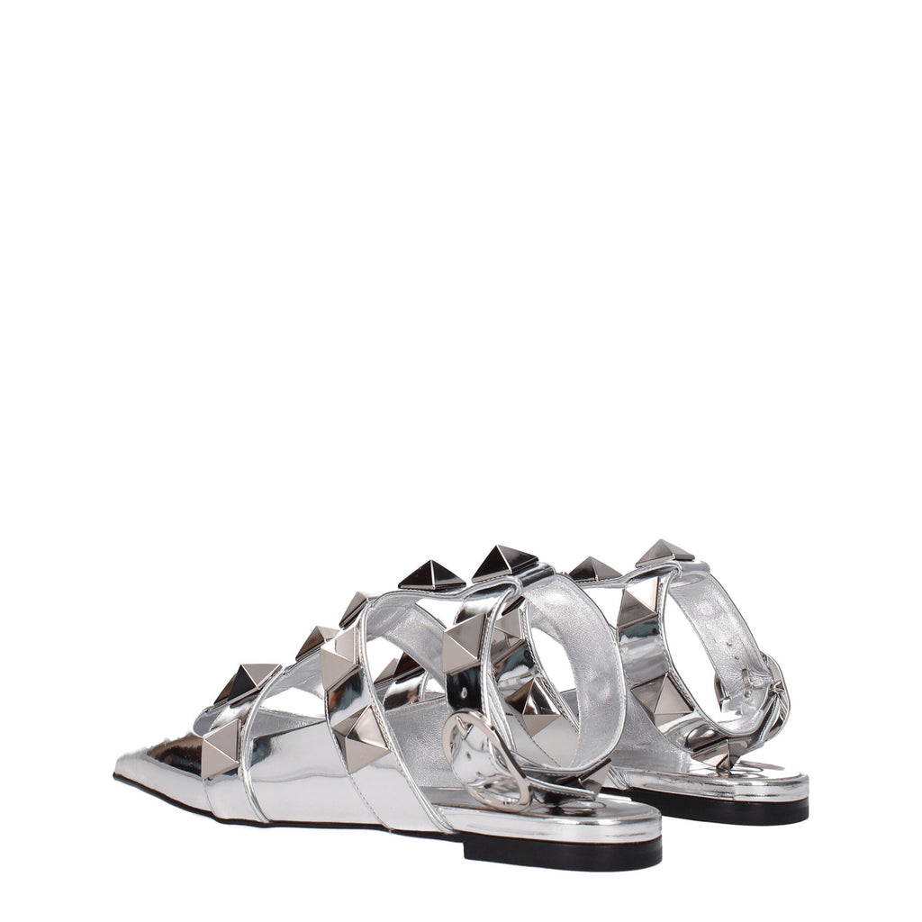 Gray Leather Flat Sandals