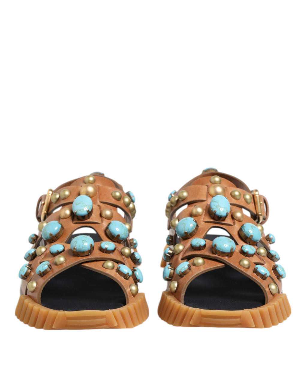 Brown Leather Studded Slides Sandals Shoes