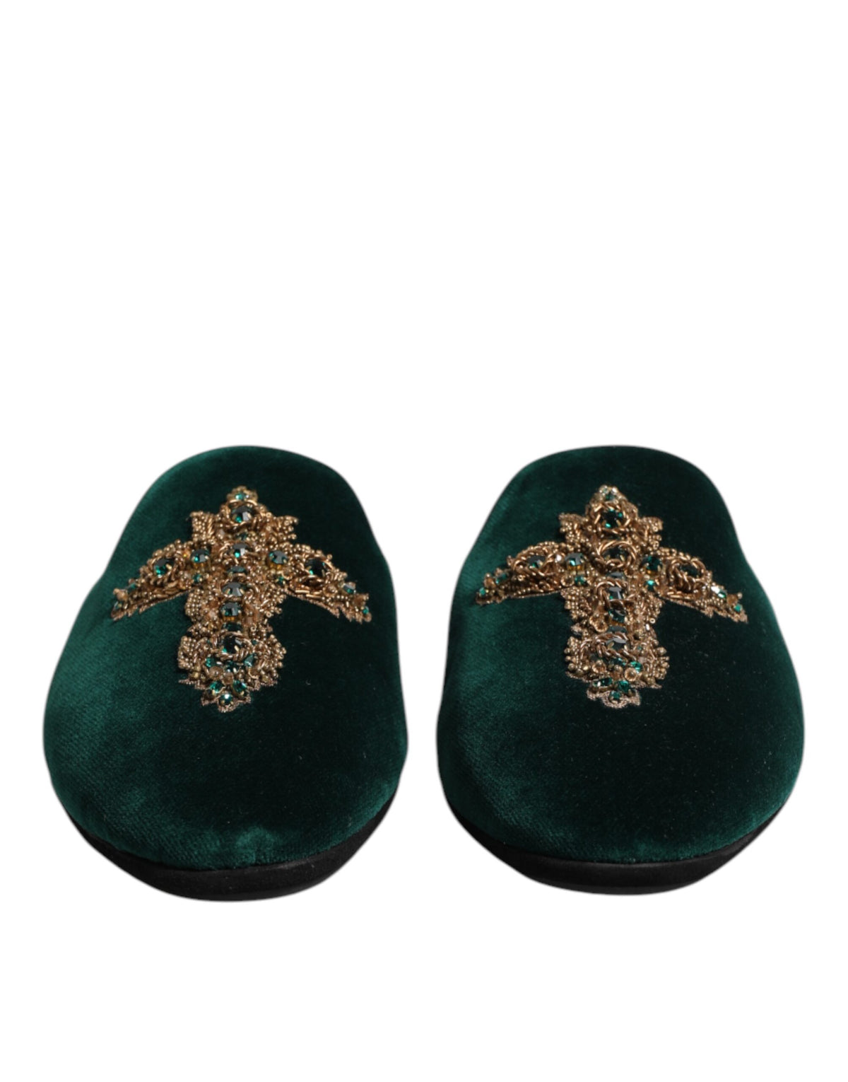 Green Velvet Cross Embellished Slippers Shoes