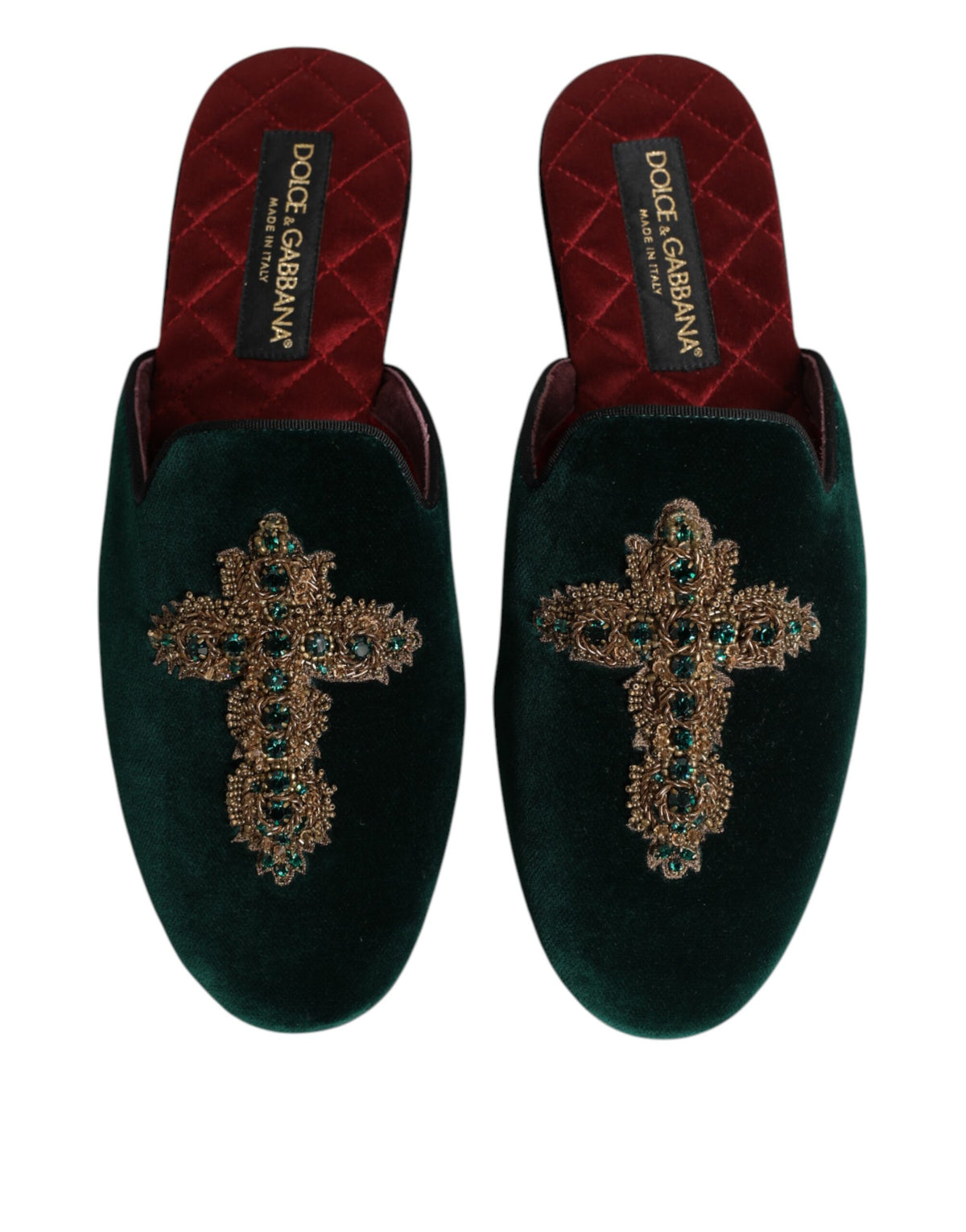 Green Velvet Cross Embellished Slippers Shoes