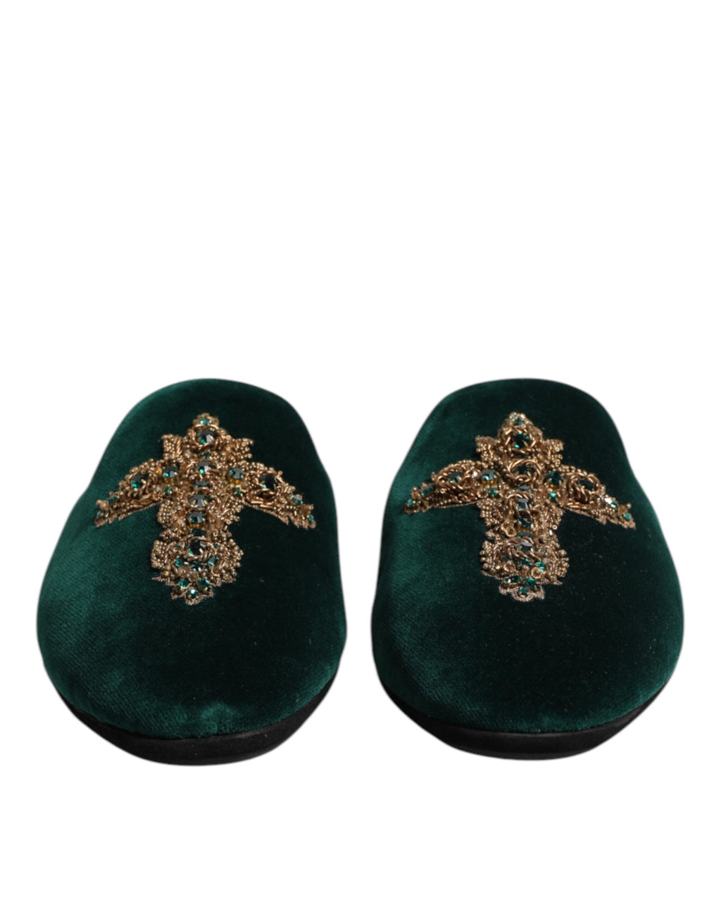 Green Velvet Cross Embellished Slippers Shoes